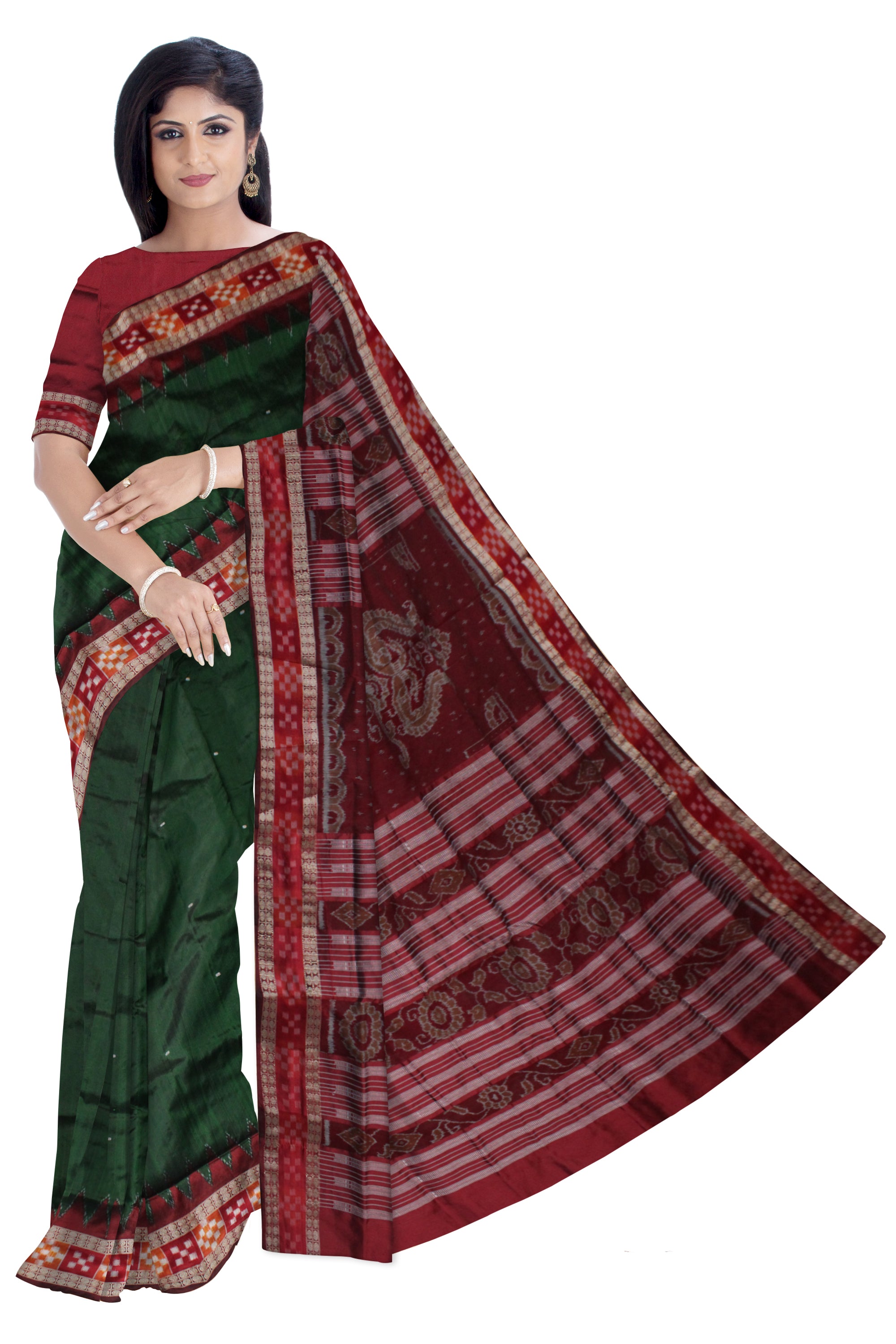 TRADITIONAL DHADI PASAPALI PATA SAREE IS DARK GREEN AND MAROON COLOR BASE,COMES WITH MATCHING BLOUSE PIECE. - Koshali Arts & Crafts Enterprise