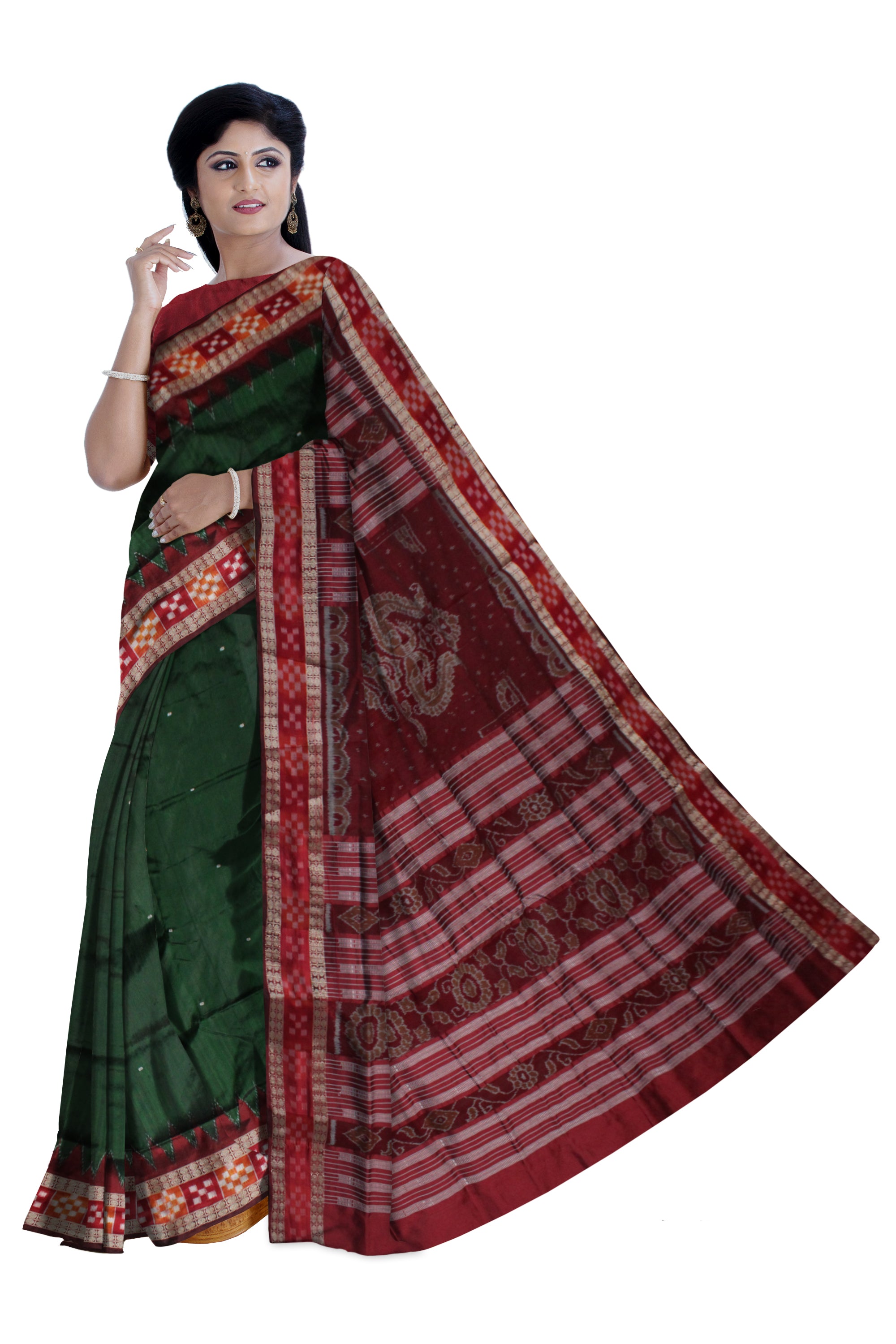 TRADITIONAL DHADI PASAPALI PATA SAREE IS DARK GREEN AND MAROON COLOR BASE,COMES WITH MATCHING BLOUSE PIECE. - Koshali Arts & Crafts Enterprise