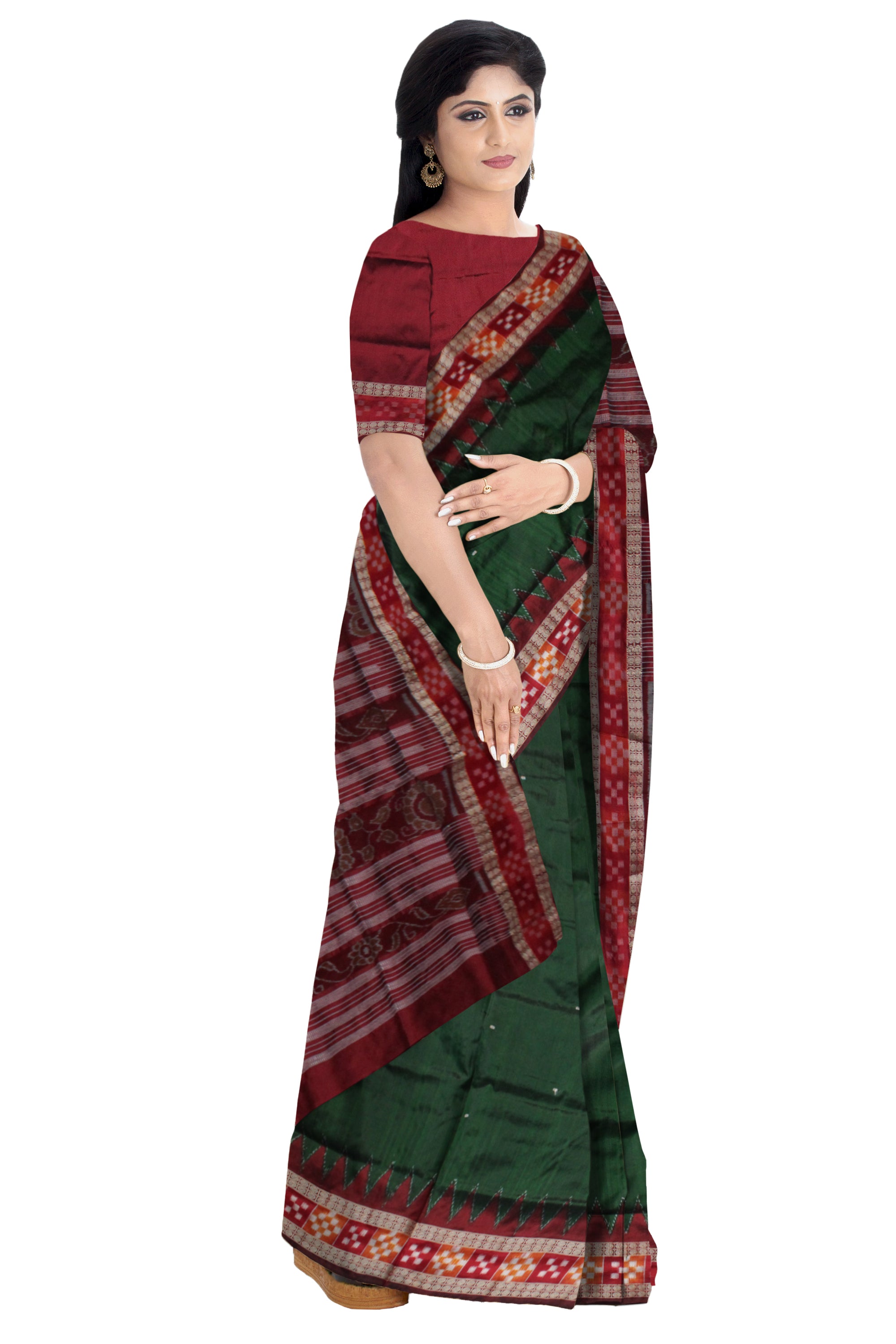TRADITIONAL DHADI PASAPALI PATA SAREE IS DARK GREEN AND MAROON COLOR BASE,COMES WITH MATCHING BLOUSE PIECE. - Koshali Arts & Crafts Enterprise