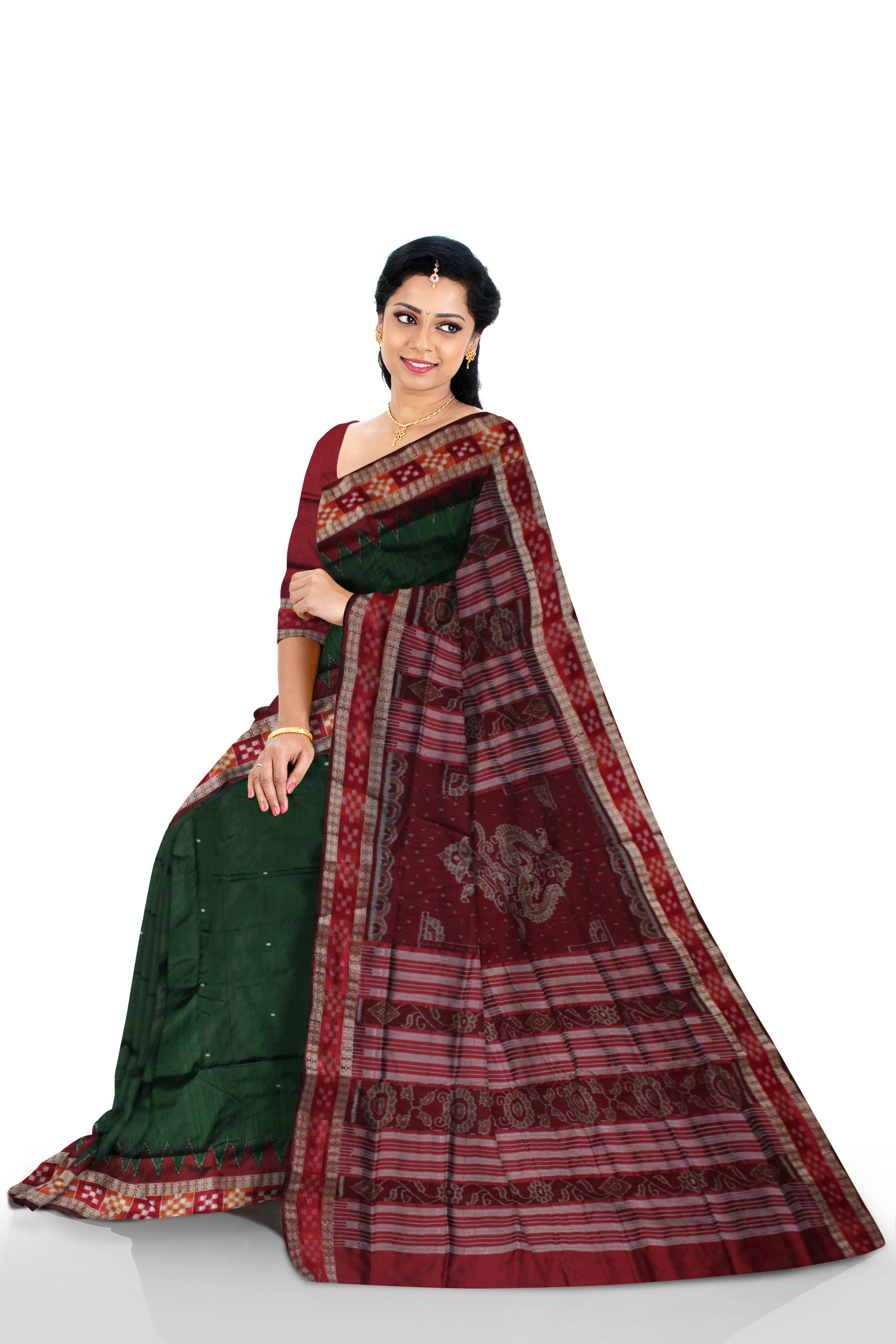 TRADITIONAL DHADI PASAPALI PATA SAREE IS DARK GREEN AND MAROON COLOR BASE,COMES WITH MATCHING BLOUSE PIECE. - Koshali Arts & Crafts Enterprise