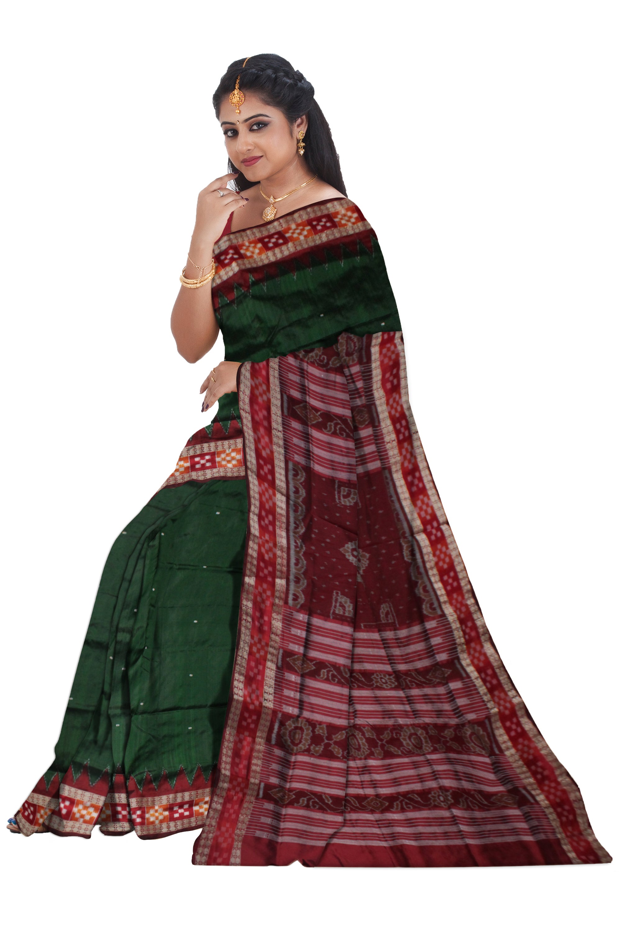 TRADITIONAL DHADI PASAPALI PATA SAREE IS DARK GREEN AND MAROON COLOR BASE,COMES WITH MATCHING BLOUSE PIECE. - Koshali Arts & Crafts Enterprise