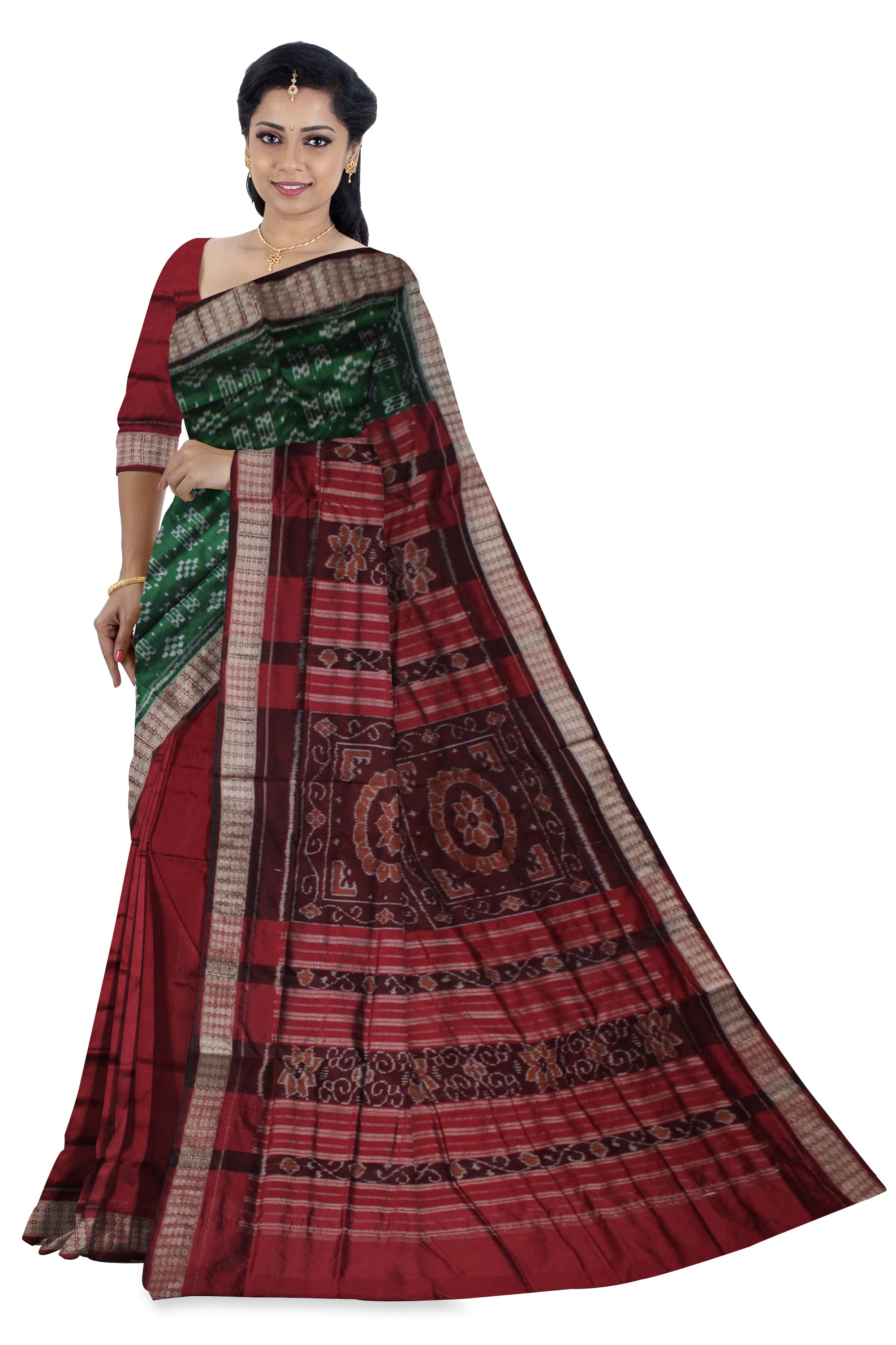 HALF BODY PASAPALI WORK PATLI PATA SAREE IS GREEN AND MAROON COLOR BASE,WITH BLOUSE PIECE. - Koshali Arts & Crafts Enterprise