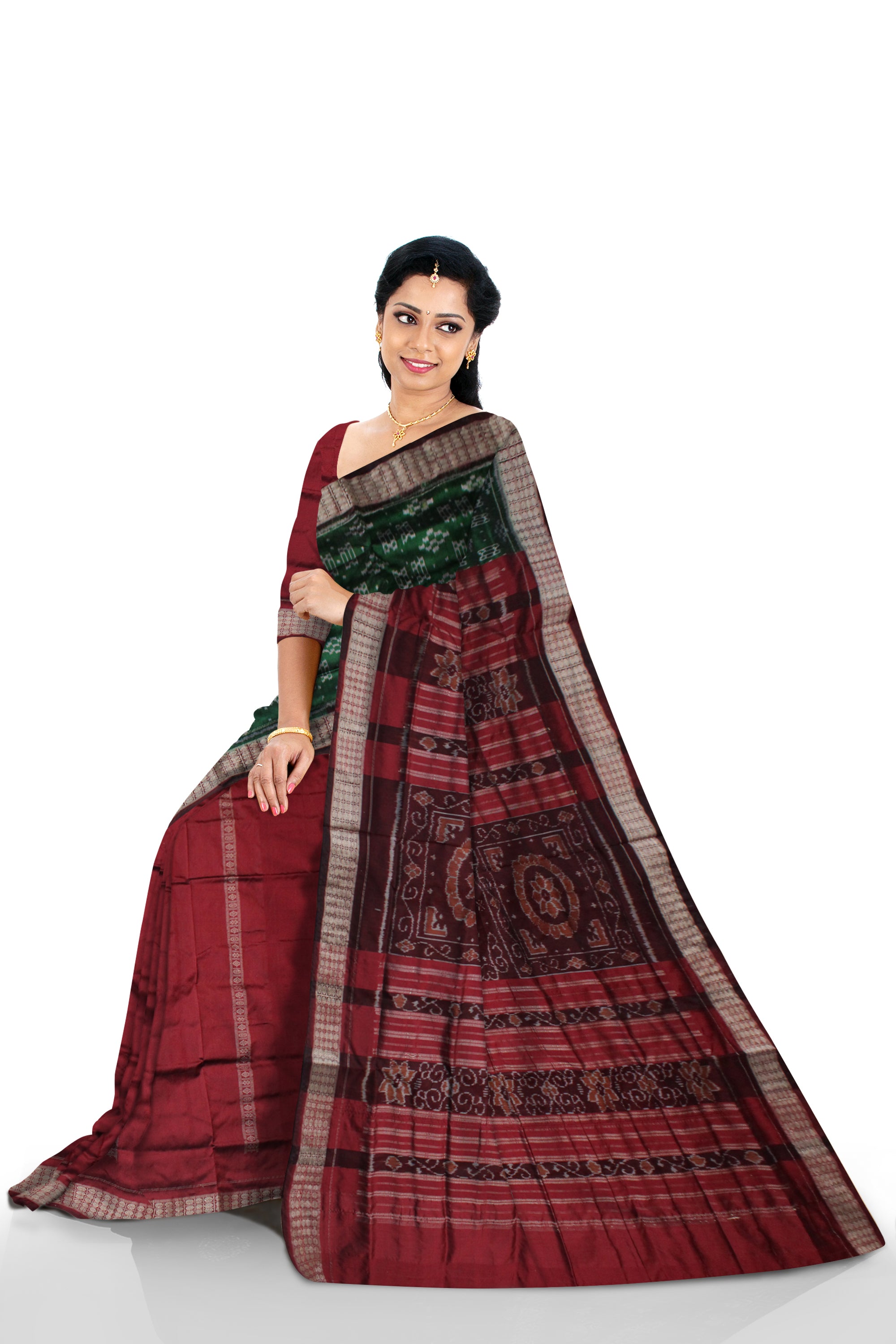 HALF BODY PASAPALI WORK PATLI PATA SAREE IS GREEN AND MAROON COLOR BASE,WITH BLOUSE PIECE. - Koshali Arts & Crafts Enterprise