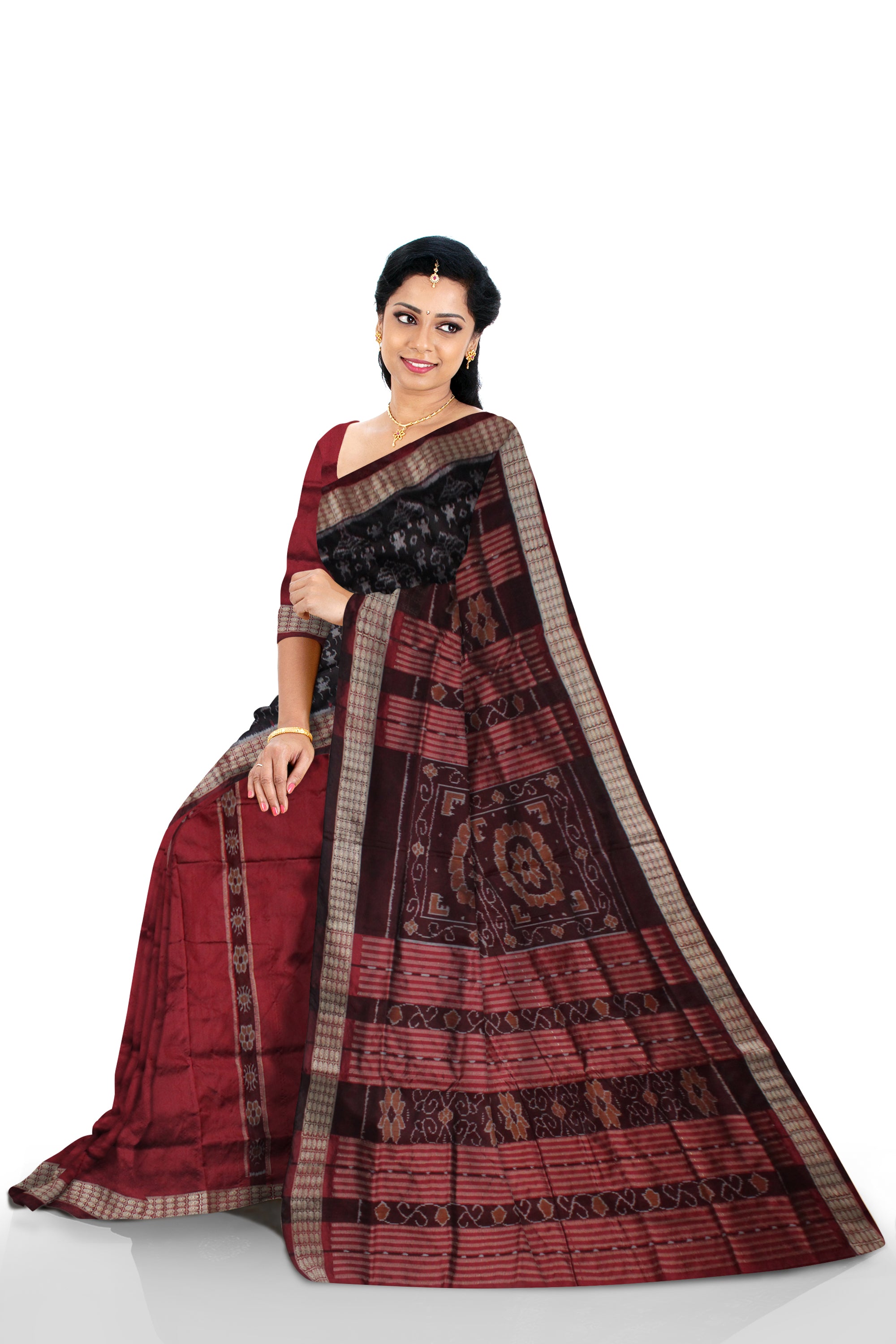 TERRACOTTA PATTERN PATLI PATA SAREE IS BLACK AND MAROON COLOR BASE,COMES WITH MATCHING BLOUSE PIECE. - Koshali Arts & Crafts Enterprise