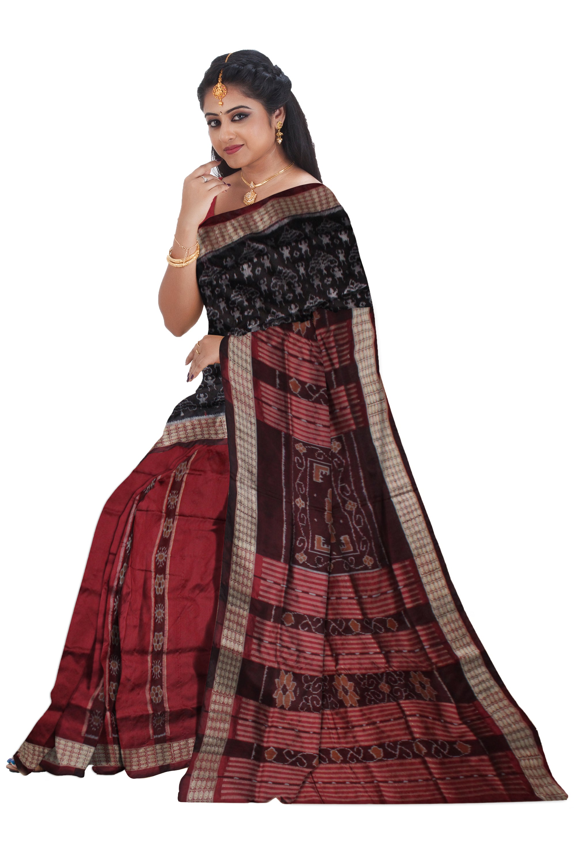 TERRACOTTA PATTERN PATLI PATA SAREE IS BLACK AND MAROON COLOR BASE,COMES WITH MATCHING BLOUSE PIECE. - Koshali Arts & Crafts Enterprise