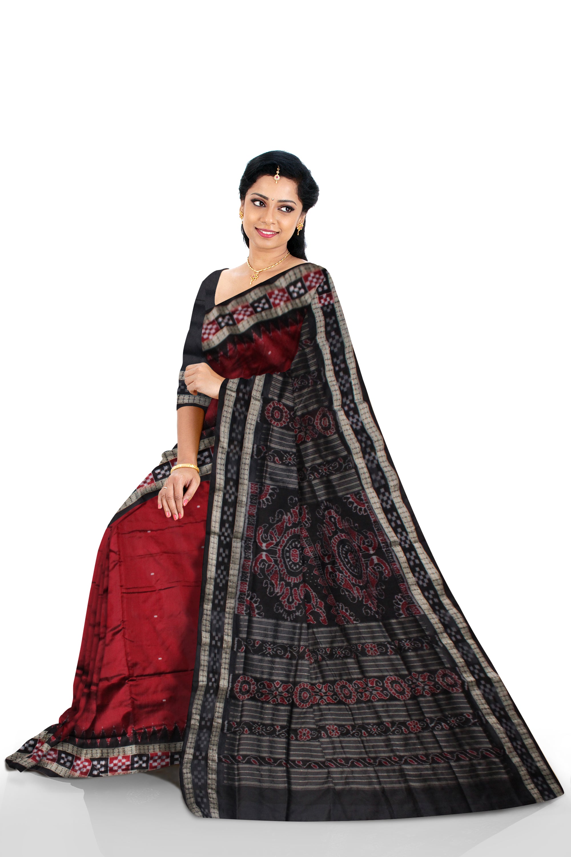 MAROON AND BLACK DHADI PASAPALI PATA SAREE,WITH MATCHING BLOUSE PIECE. - Koshali Arts & Crafts Enterprise
