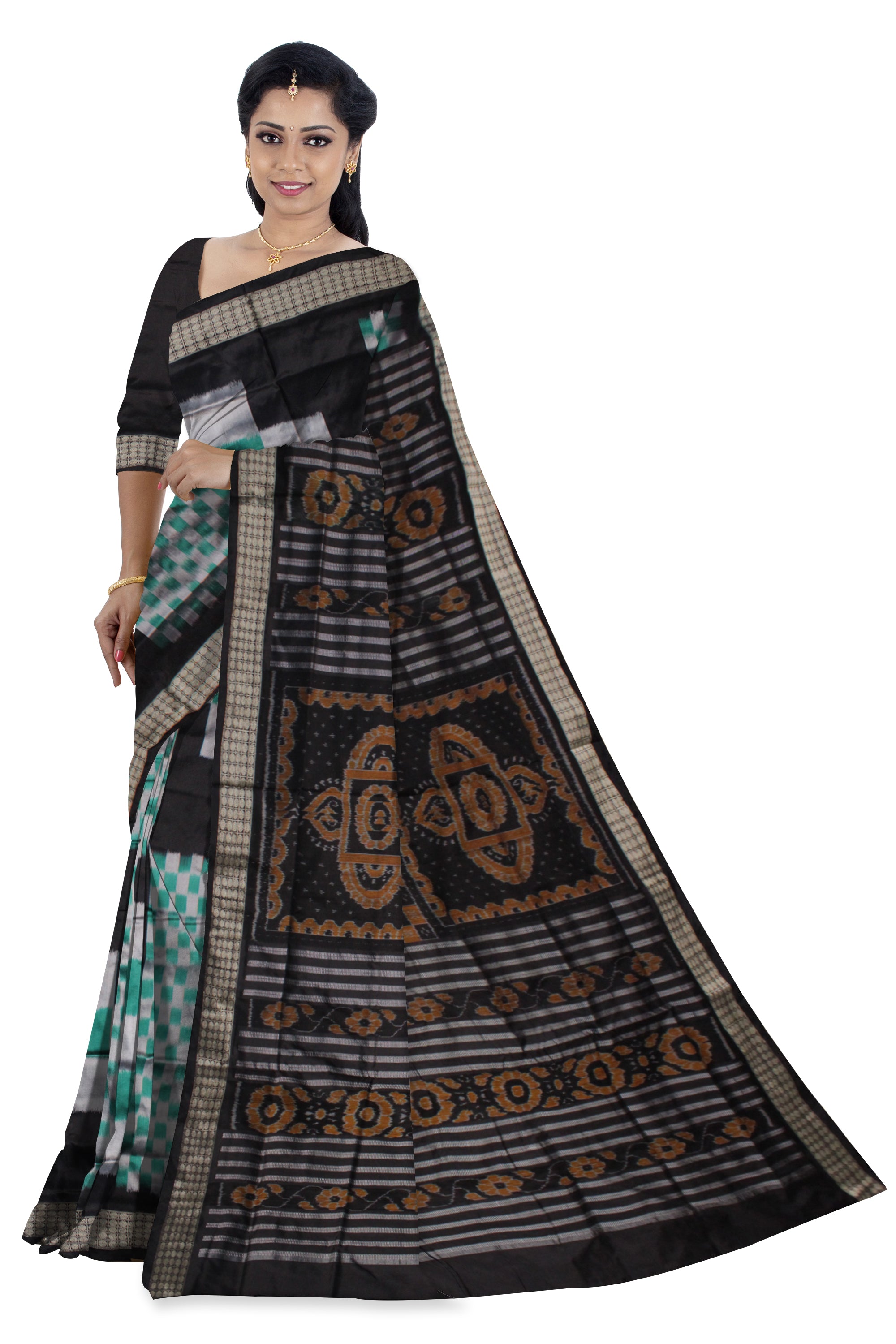 TURQUOISE AND BLACK COLOR BIG PASAPALI PATTERN PATA SAREE,ATTACHED WITH MATCHING BLOUSE PIECE. - Koshali Arts & Crafts Enterprise