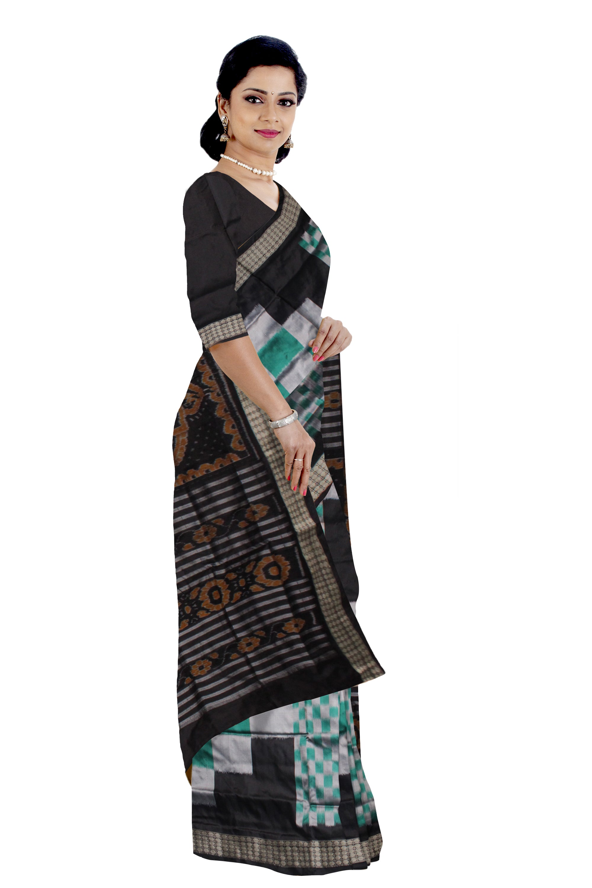 TURQUOISE AND BLACK COLOR BIG PASAPALI PATTERN PATA SAREE,ATTACHED WITH MATCHING BLOUSE PIECE. - Koshali Arts & Crafts Enterprise