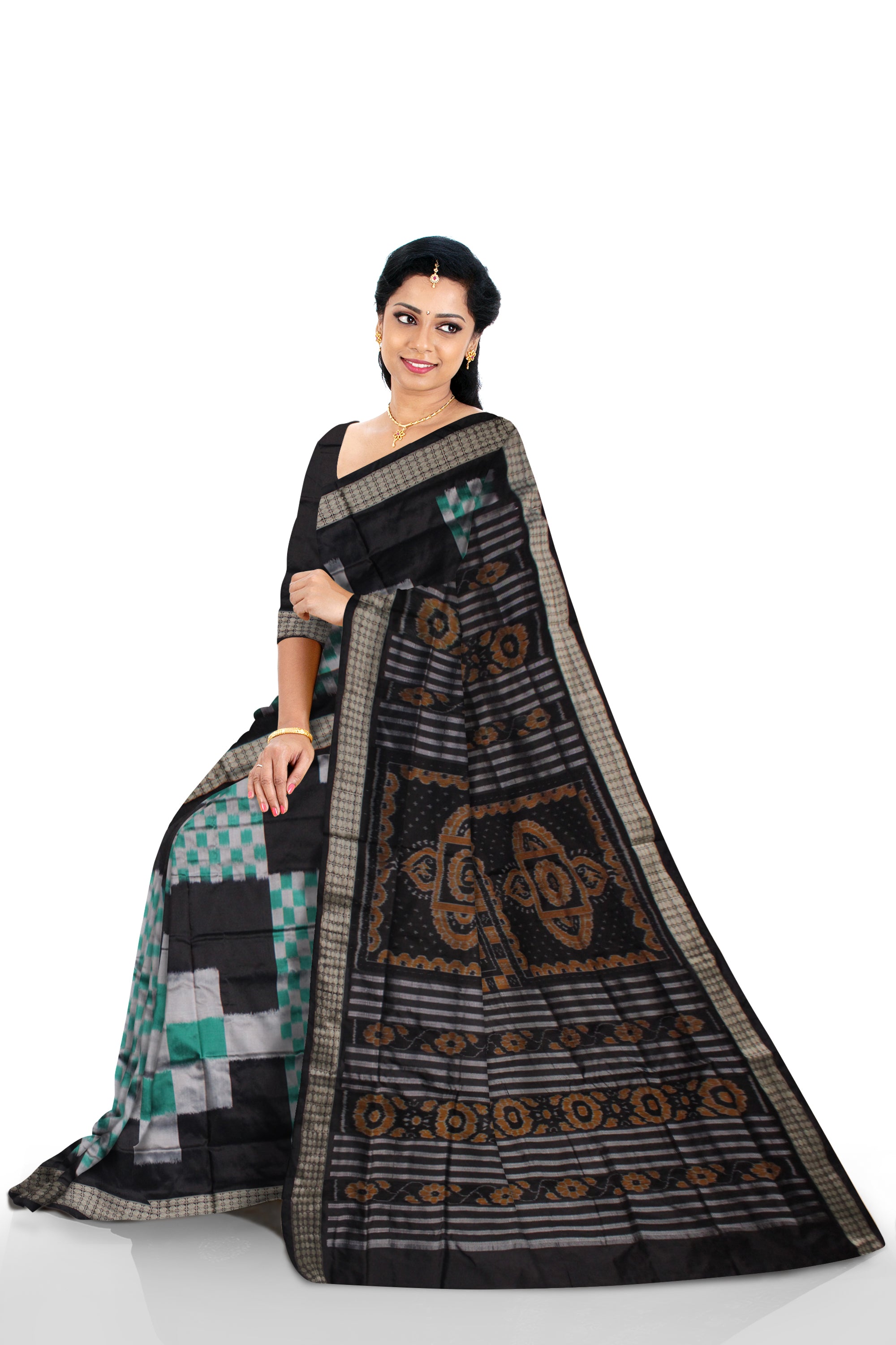TURQUOISE AND BLACK COLOR BIG PASAPALI PATTERN PATA SAREE,ATTACHED WITH MATCHING BLOUSE PIECE. - Koshali Arts & Crafts Enterprise