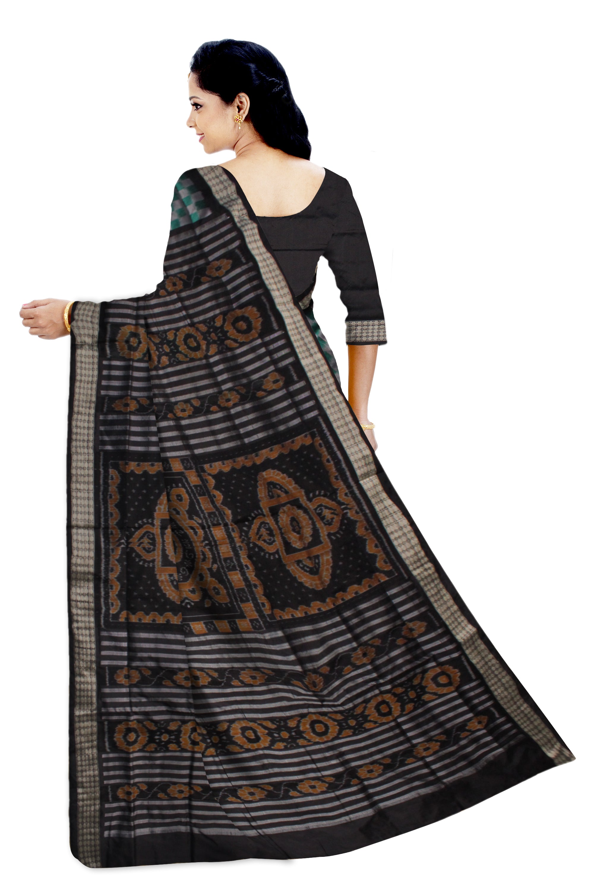 TURQUOISE AND BLACK COLOR BIG PASAPALI PATTERN PATA SAREE,ATTACHED WITH MATCHING BLOUSE PIECE. - Koshali Arts & Crafts Enterprise