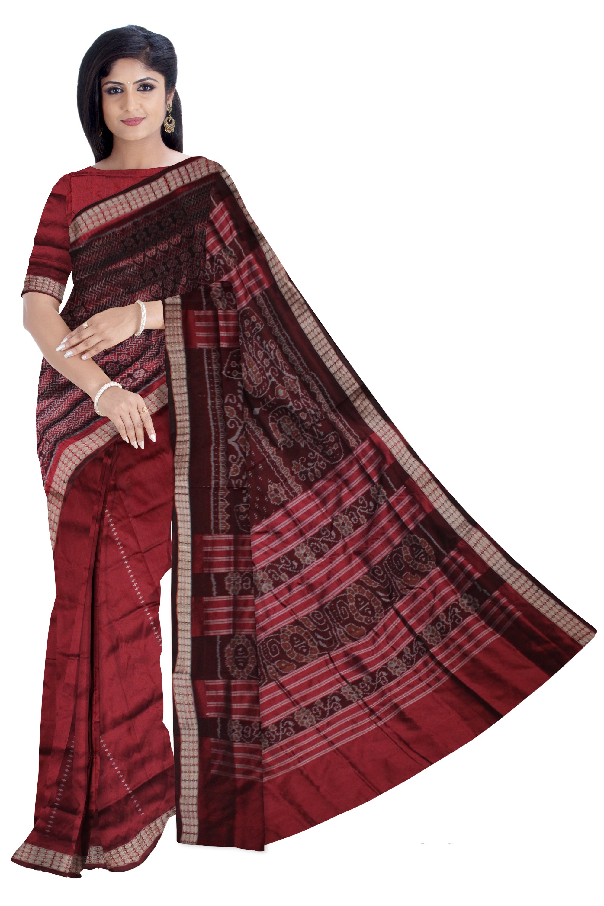 IKAT WITH SMALL FLOWER PATTERN PATLI PATA SAREE IS MAROON COLOR, WITH MATCHING BLOUSE PIECE. - Koshali Arts & Crafts Enterprise