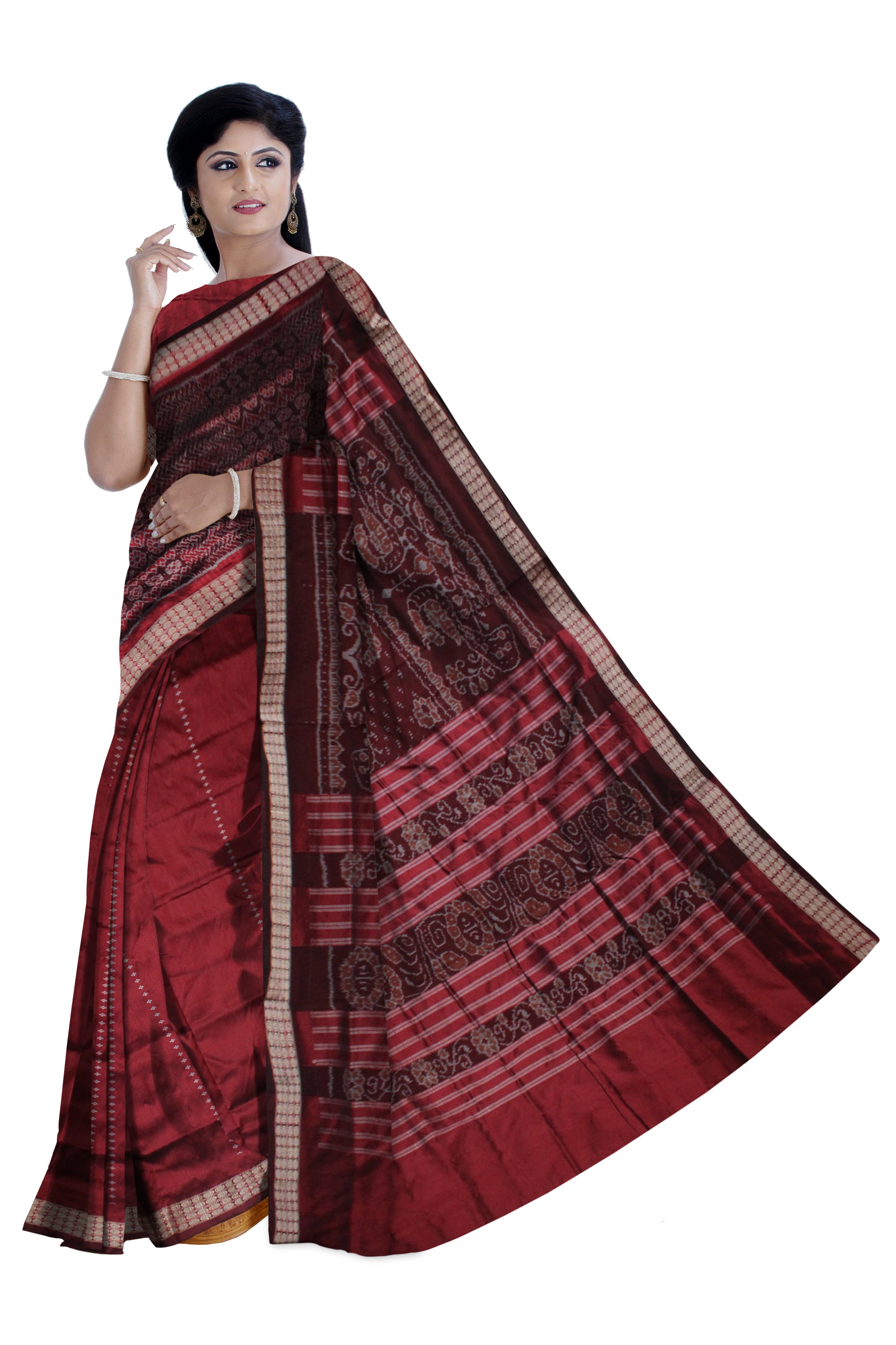 IKAT WITH SMALL FLOWER PATTERN PATLI PATA SAREE IS MAROON COLOR, WITH MATCHING BLOUSE PIECE. - Koshali Arts & Crafts Enterprise