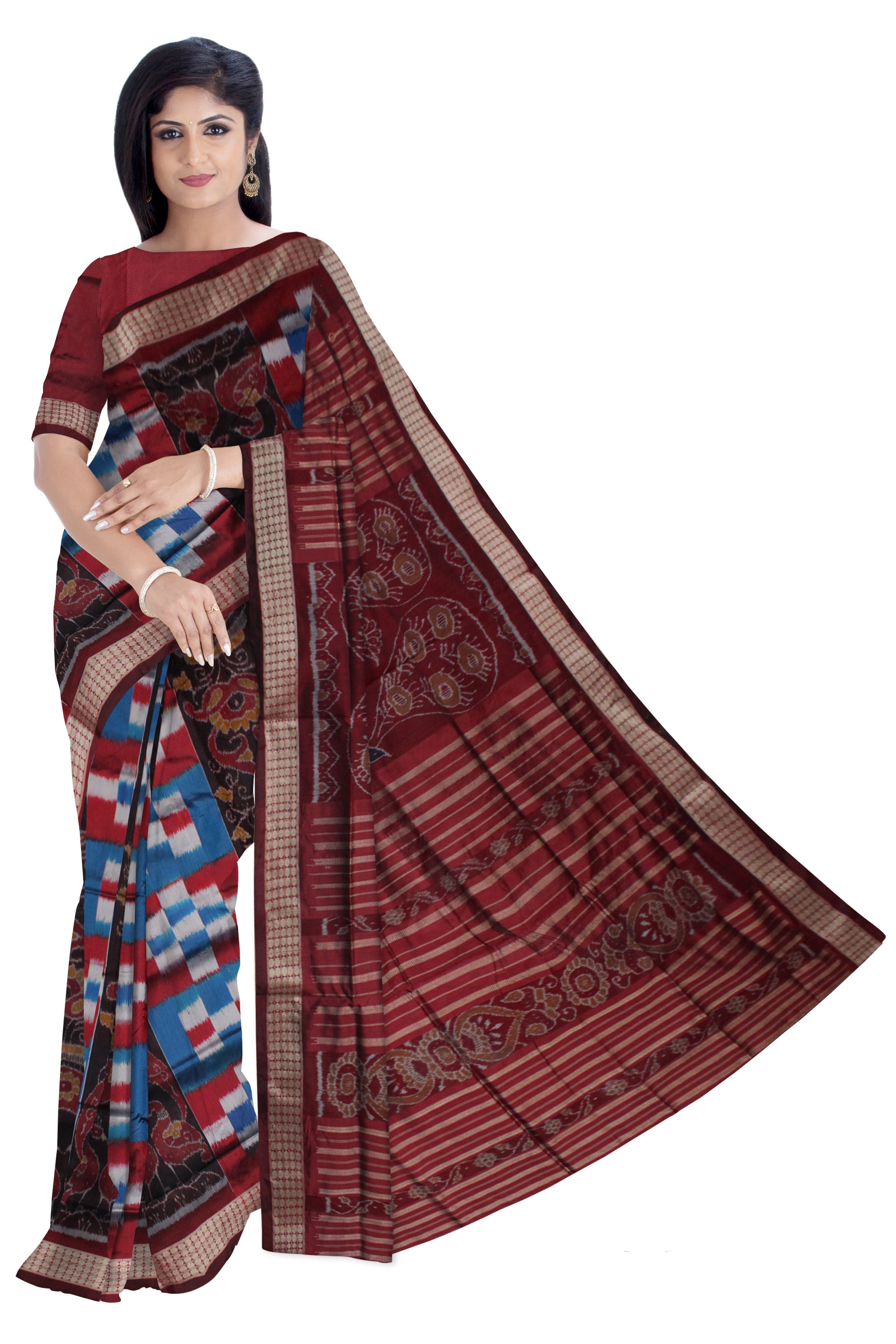 PASAPALI WITH BANDHA PATTERN PATA SAREE IS SKY BLUE AND MAROON COLOR BASE,WITH MATCHING BLOUSE PIECE. - Koshali Arts & Crafts Enterprise