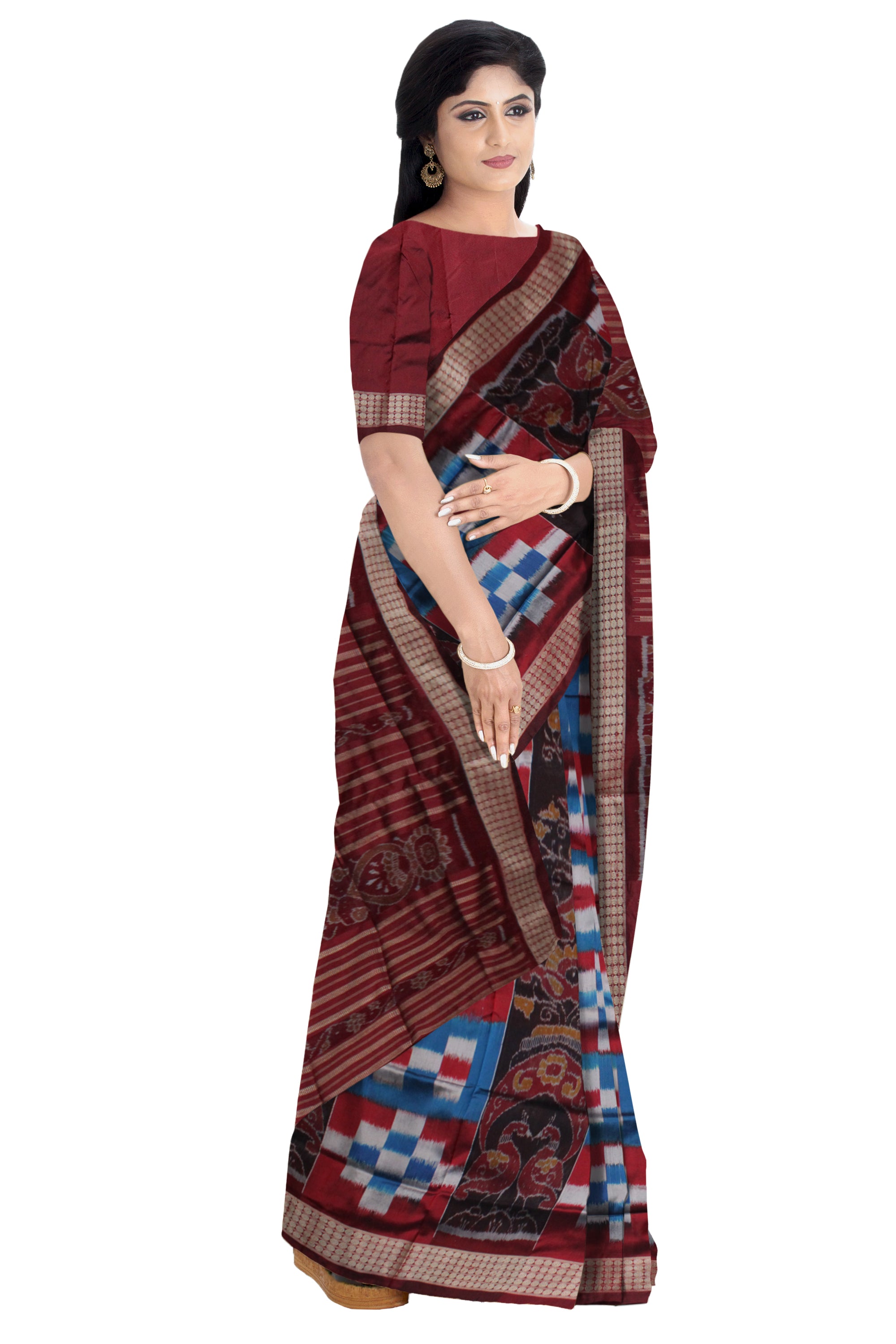 PASAPALI WITH BANDHA PATTERN PATA SAREE IS SKY BLUE AND MAROON COLOR BASE,WITH MATCHING BLOUSE PIECE. - Koshali Arts & Crafts Enterprise