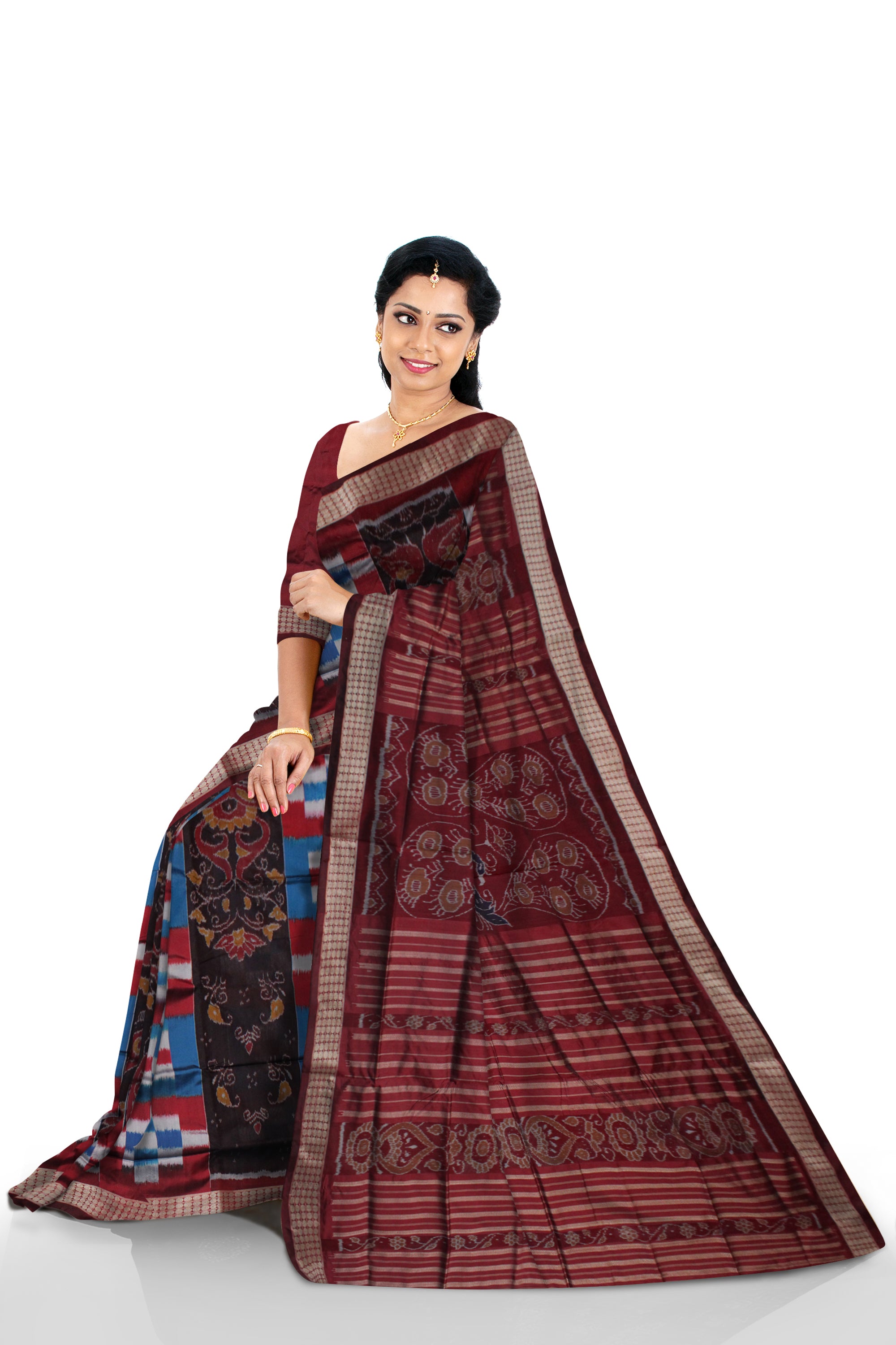 PASAPALI WITH BANDHA PATTERN PATA SAREE IS SKY BLUE AND MAROON COLOR BASE,WITH MATCHING BLOUSE PIECE. - Koshali Arts & Crafts Enterprise