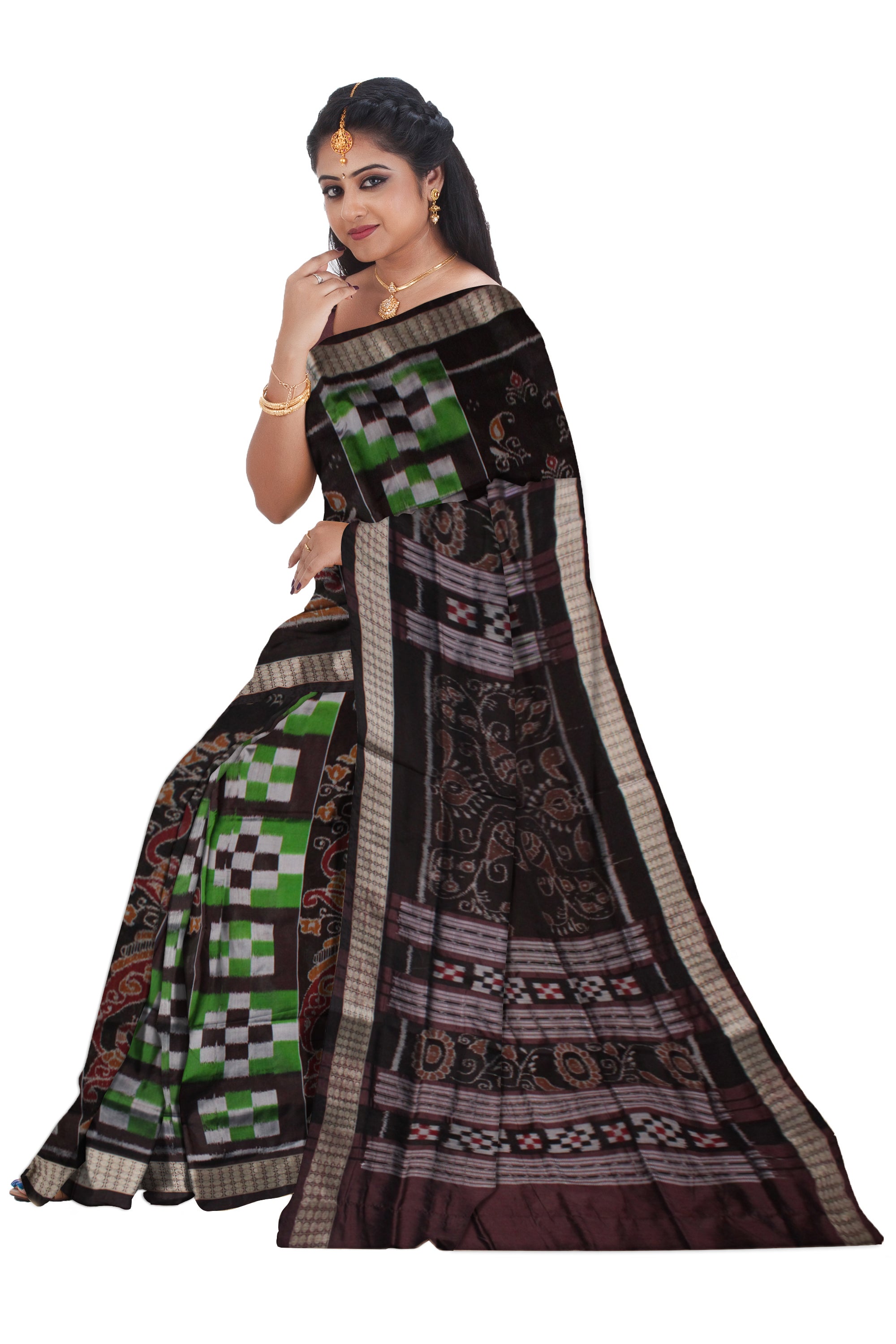 PASAPALI WITH PEACOCK PATTERN SAPTA PATTERN BOMKEI PATA SAREE IS GREEN AND COFFEE COLOR BASE,WITH MATCHING BLOUSE PIECE. - Koshali Arts & Crafts Enterprise