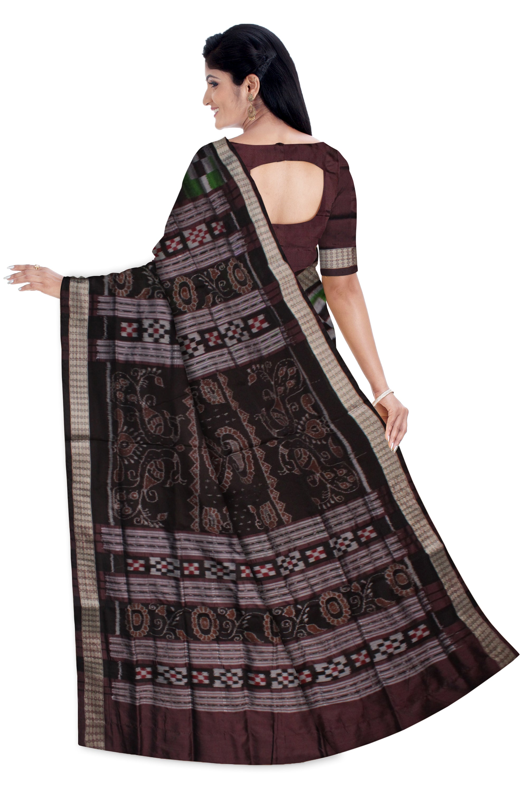 PASAPALI WITH PEACOCK PATTERN SAPTA PATTERN BOMKEI PATA SAREE IS GREEN AND COFFEE COLOR BASE,WITH MATCHING BLOUSE PIECE. - Koshali Arts & Crafts Enterprise