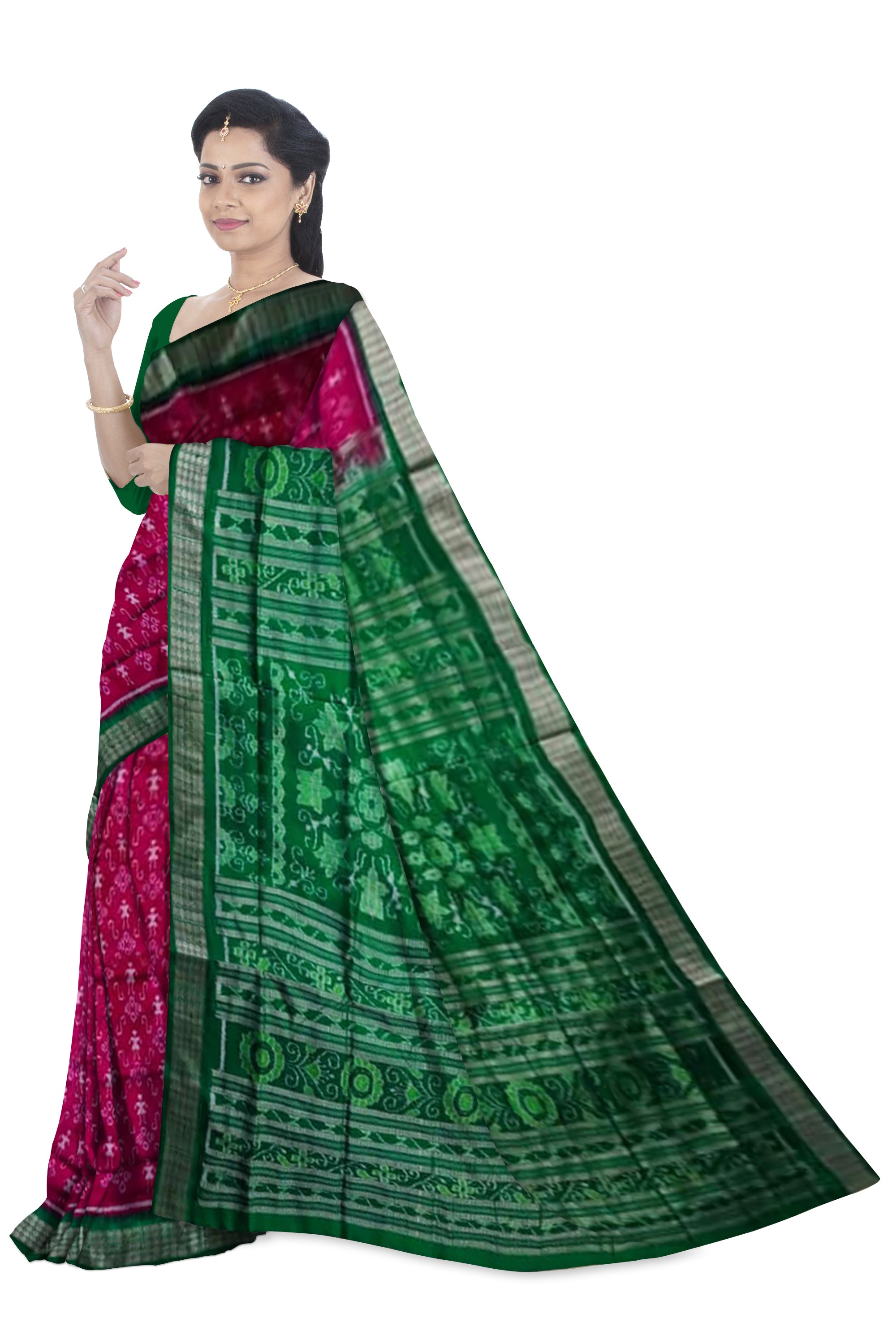 Rani pink and green color small terracotta pattern pure silk saree. - Koshali Arts & Crafts Enterprise