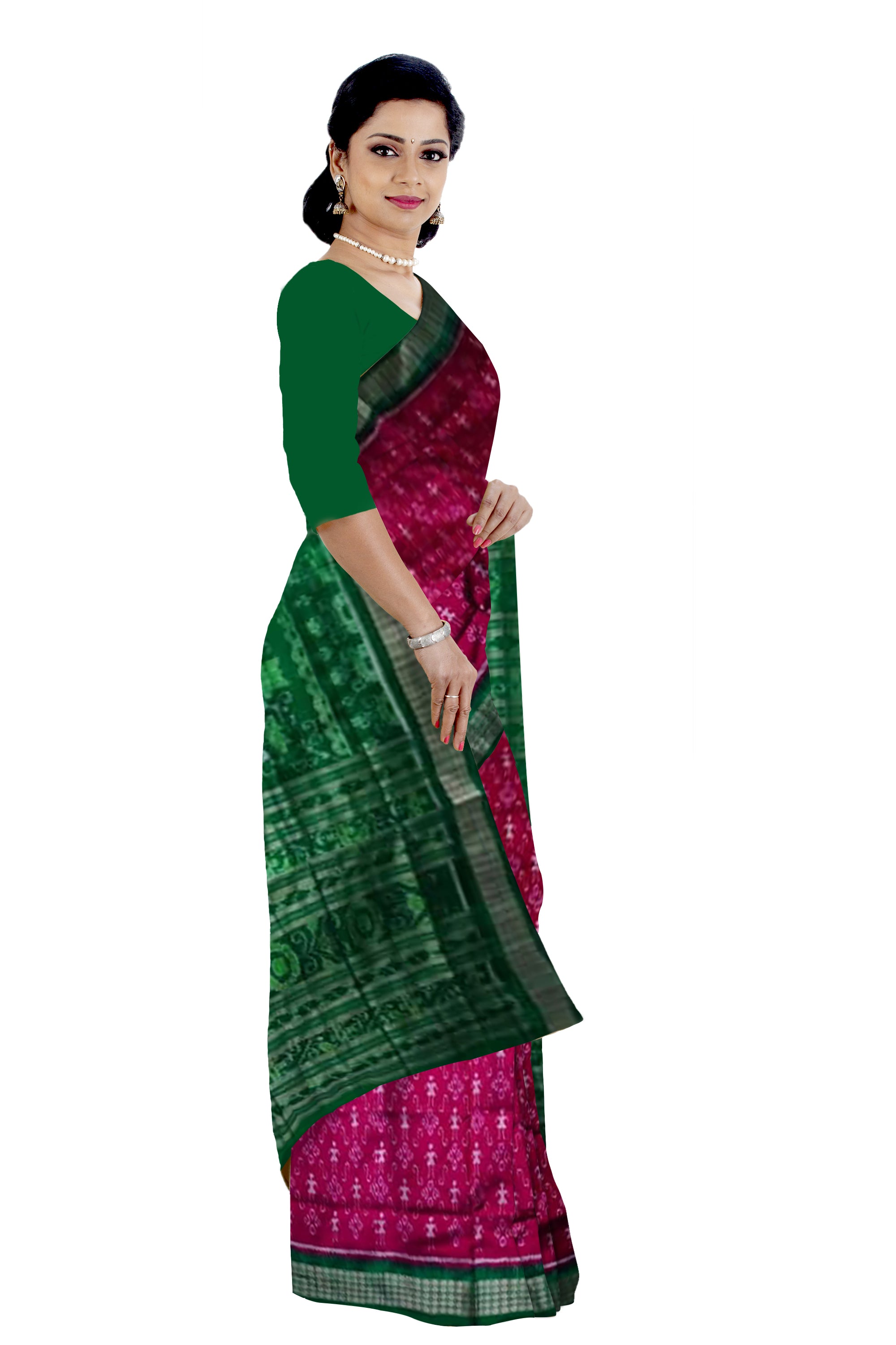 Rani pink and green color small terracotta pattern pure silk saree. - Koshali Arts & Crafts Enterprise