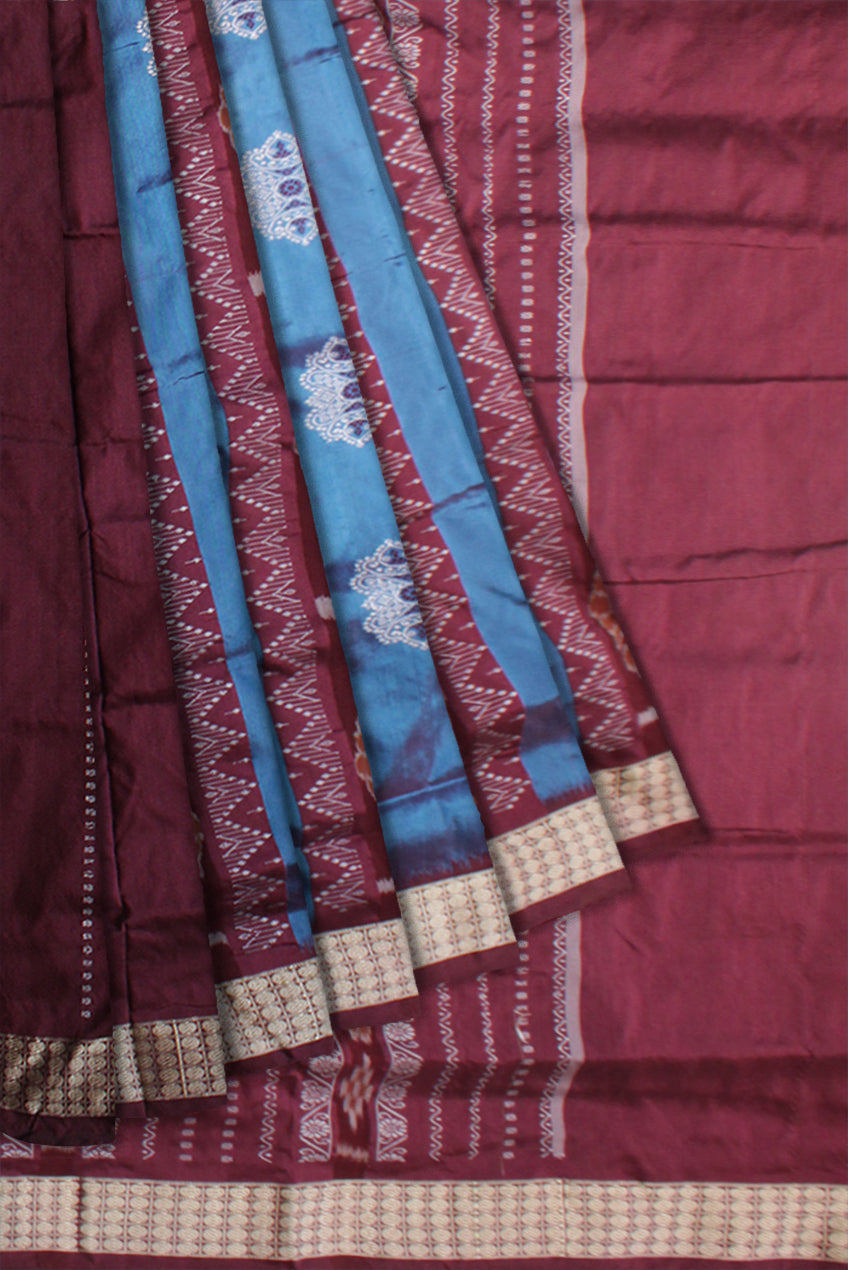 Sky blue and coffee color patli pata saree with rudraksha border. - Koshali Arts & Crafts Enterprise