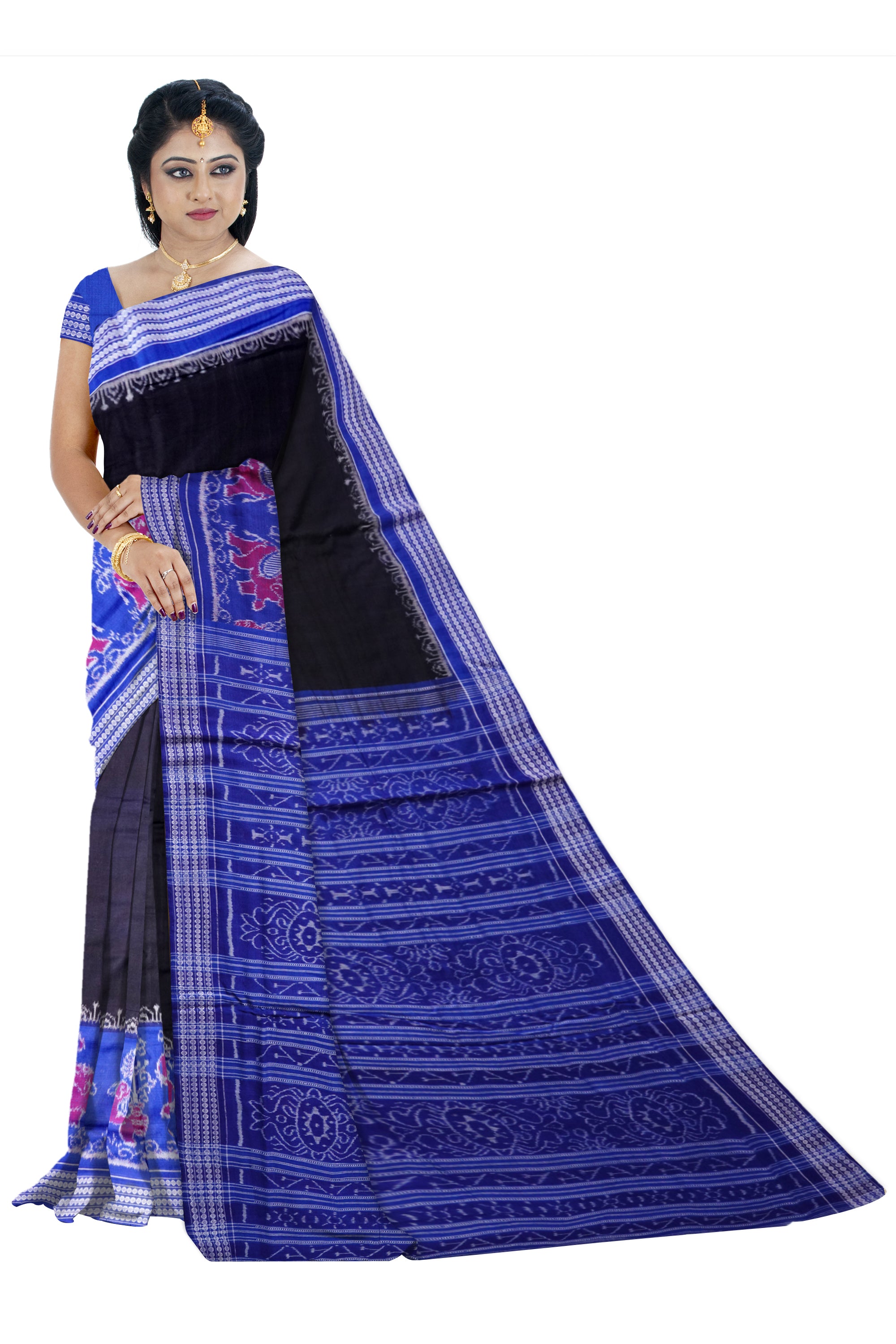 Sambalpuri handloom pure cotton saree is black and sky color. - Koshali Arts & Crafts Enterprise
