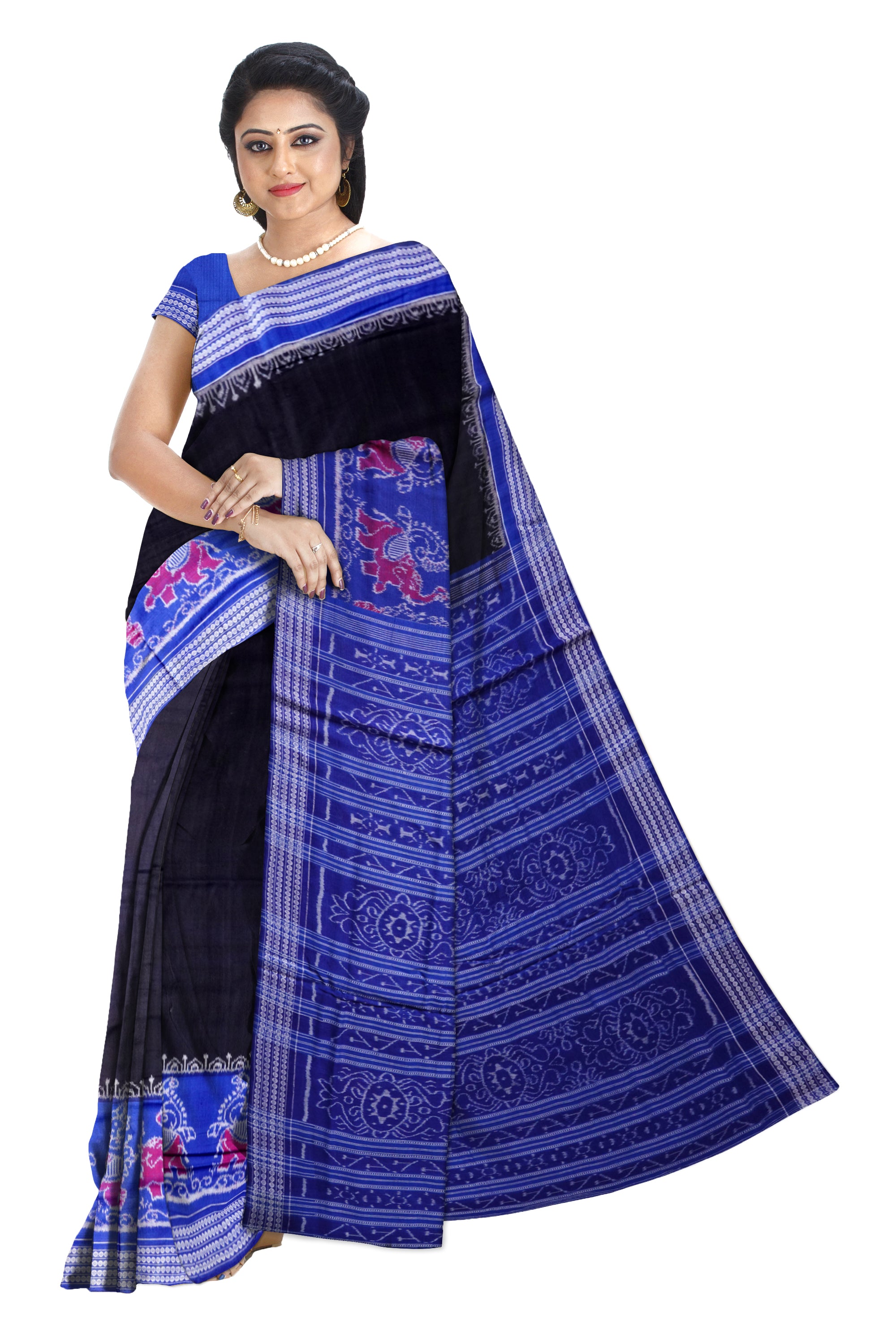 Sambalpuri handloom pure cotton saree is black and sky color. - Koshali Arts & Crafts Enterprise