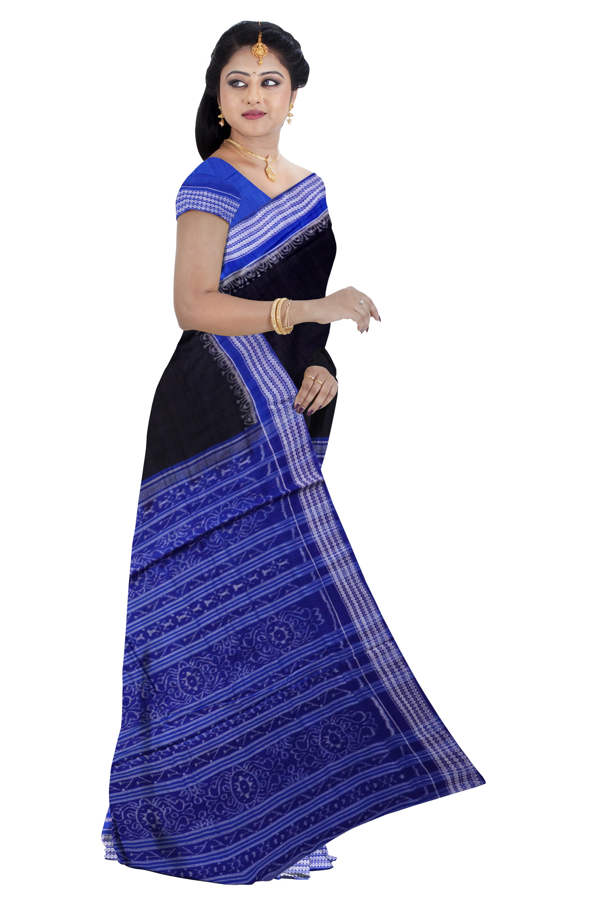 Sambalpuri handloom pure cotton saree is black and sky color. - Koshali Arts & Crafts Enterprise