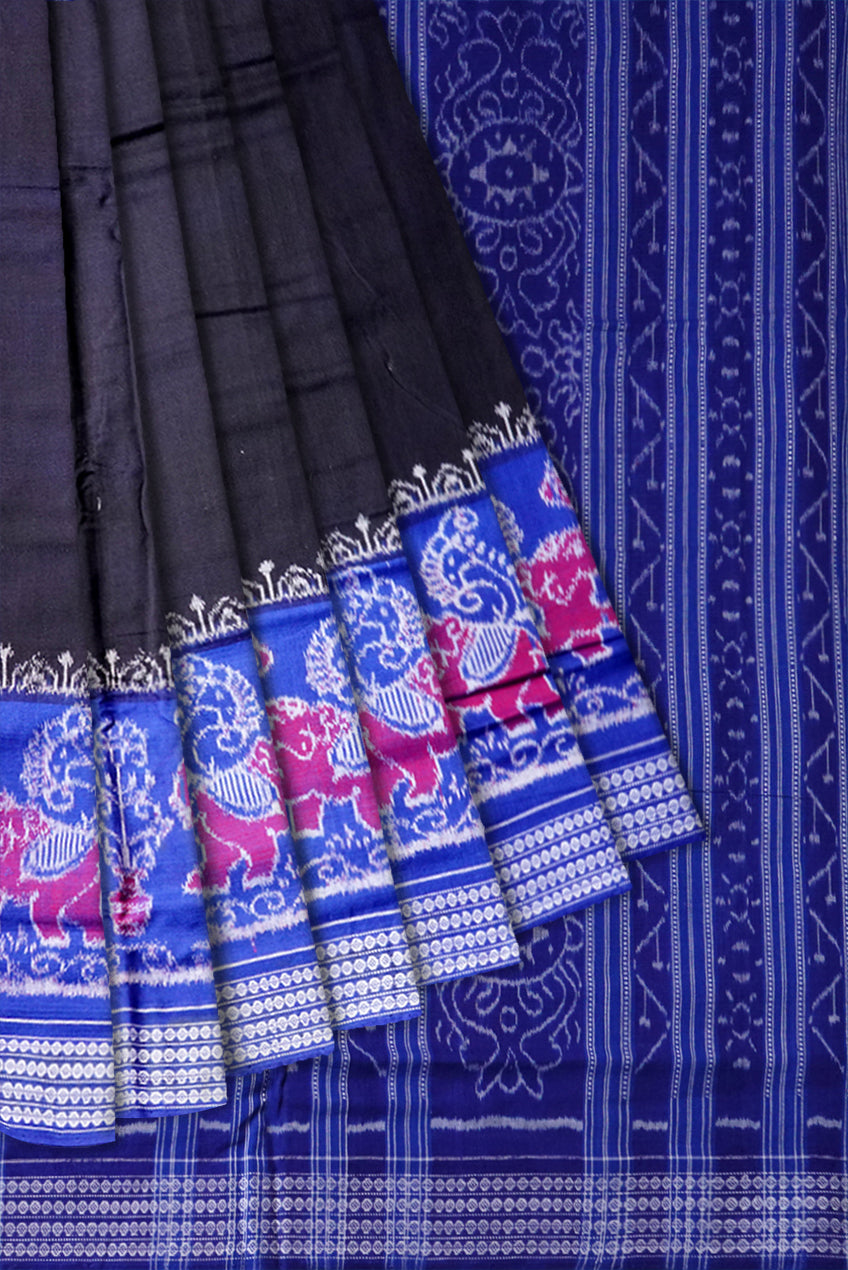 Sambalpuri handloom pure cotton saree is black and sky color. - Koshali Arts & Crafts Enterprise