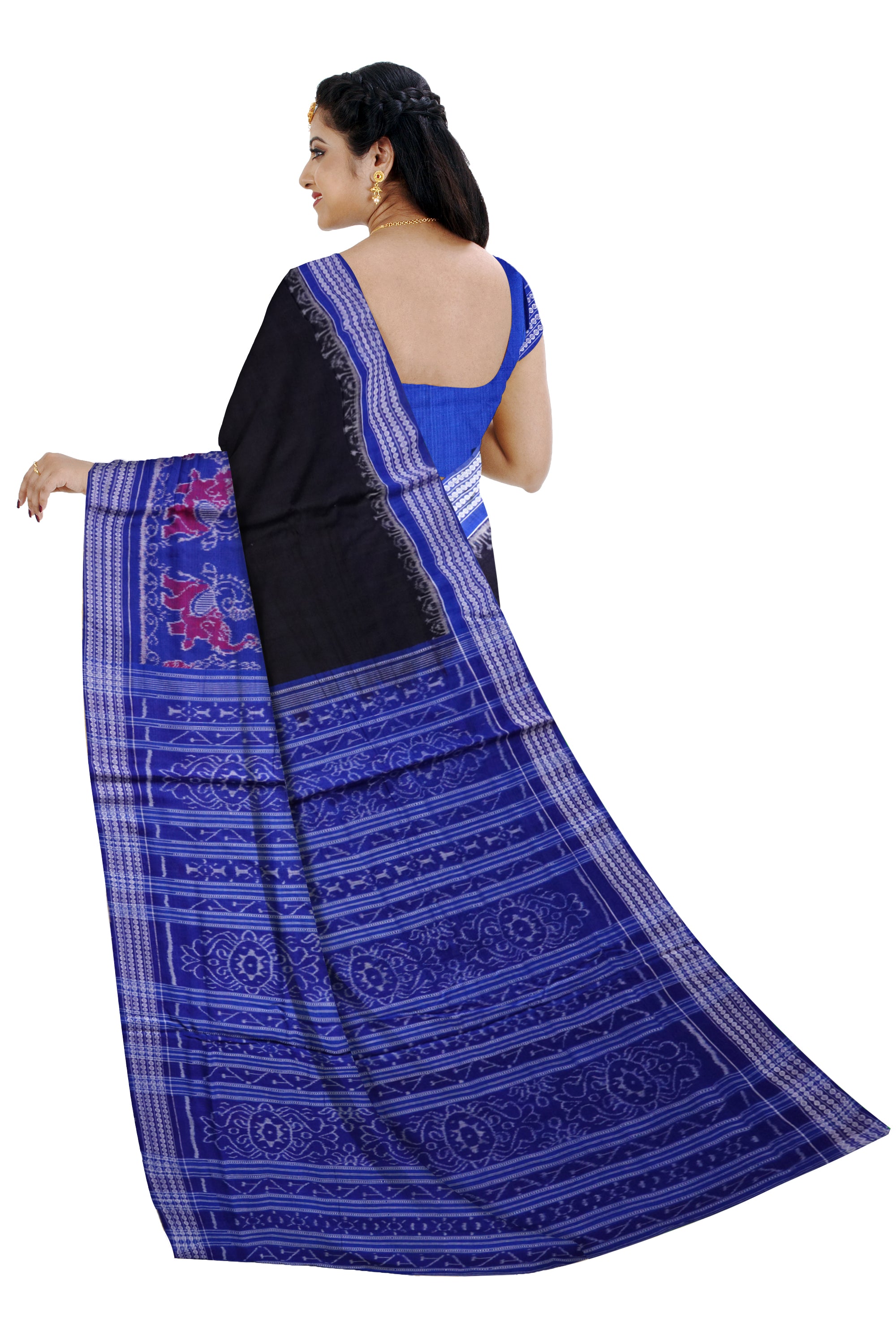 Sambalpuri handloom pure cotton saree is black and sky color. - Koshali Arts & Crafts Enterprise