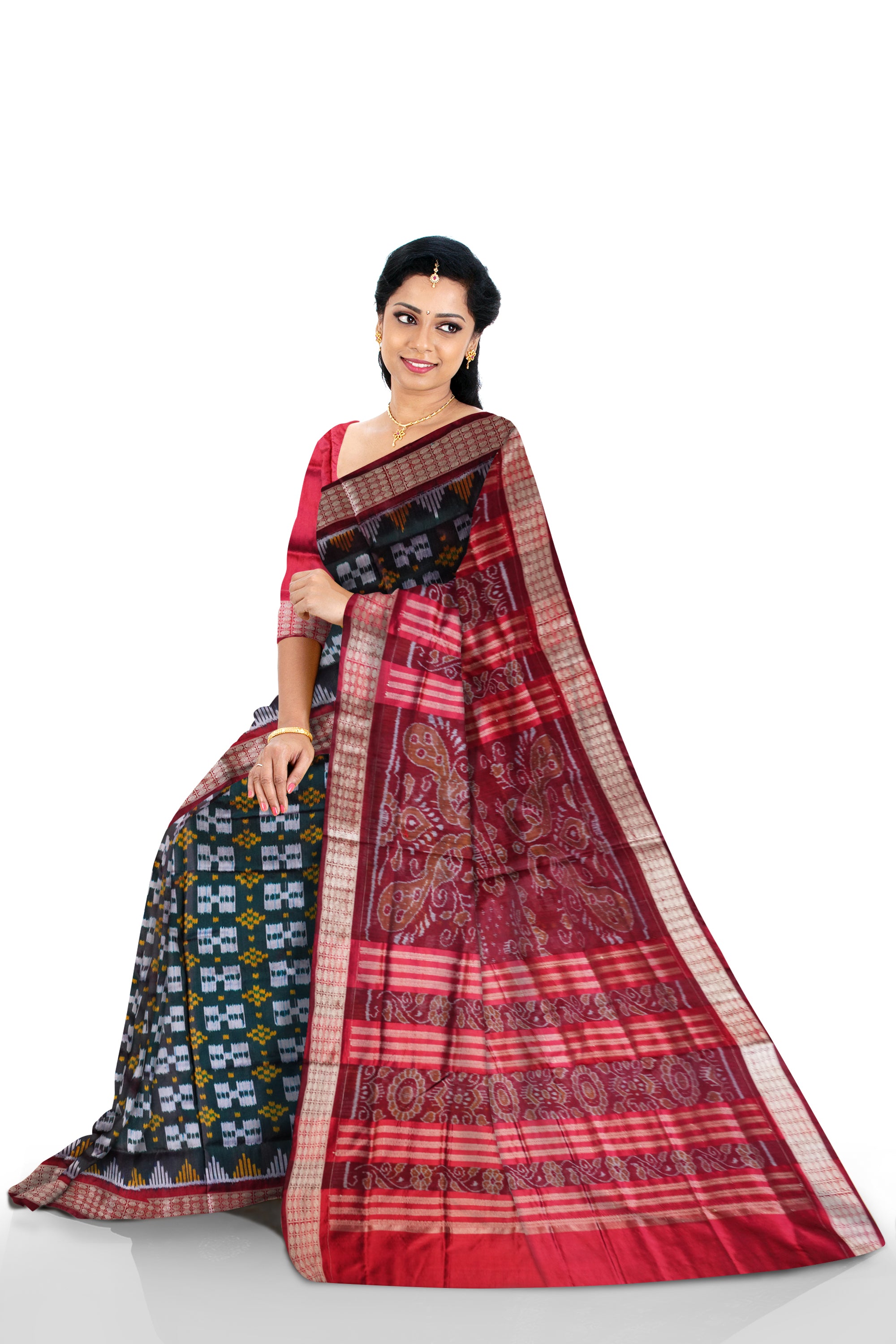 Dark olivegreen and maroon color pasapali pata saree. - Koshali Arts & Crafts Enterprise