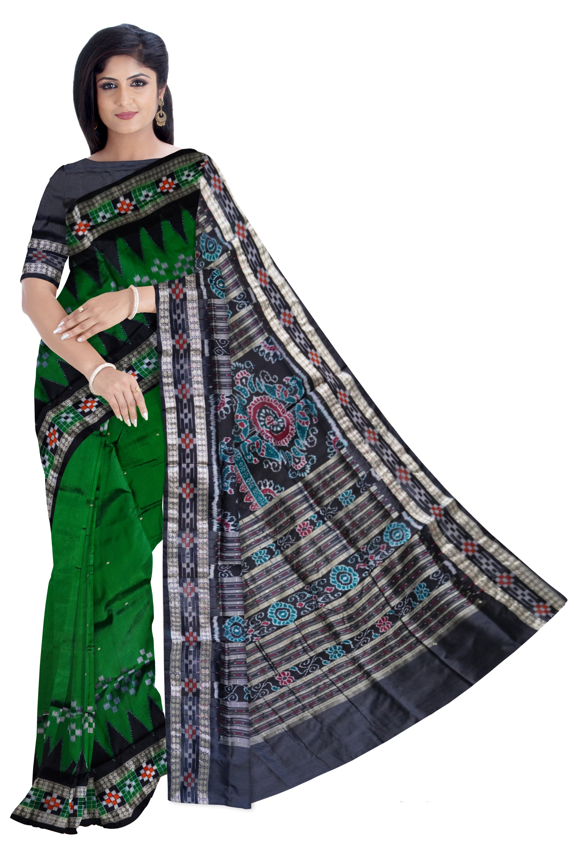 Green and black color design dhadi pasapali pata saree. - Koshali Arts & Crafts Enterprise