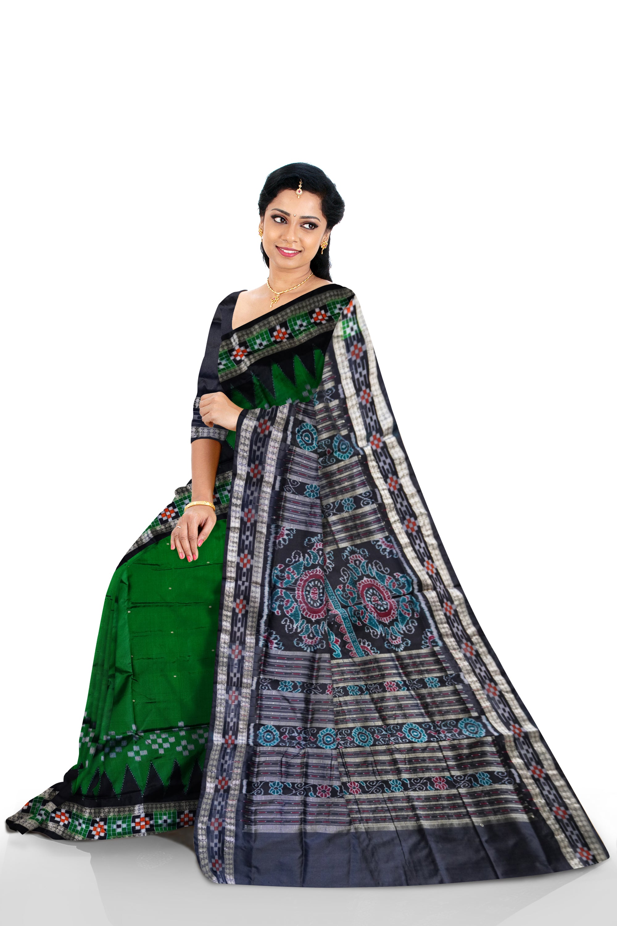 Green and black color design dhadi pasapali pata saree. - Koshali Arts & Crafts Enterprise