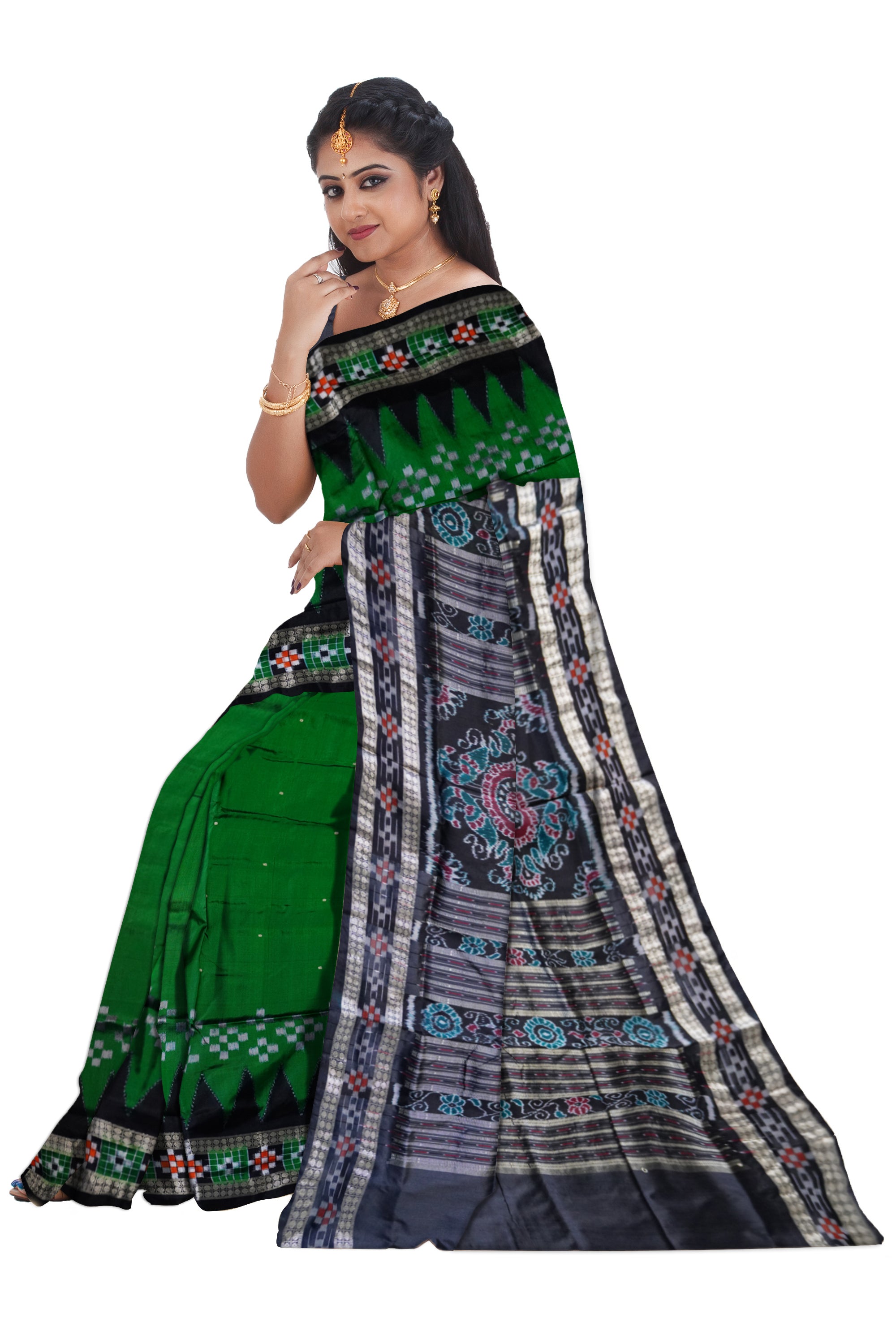 Green and black color design dhadi pasapali pata saree. - Koshali Arts & Crafts Enterprise