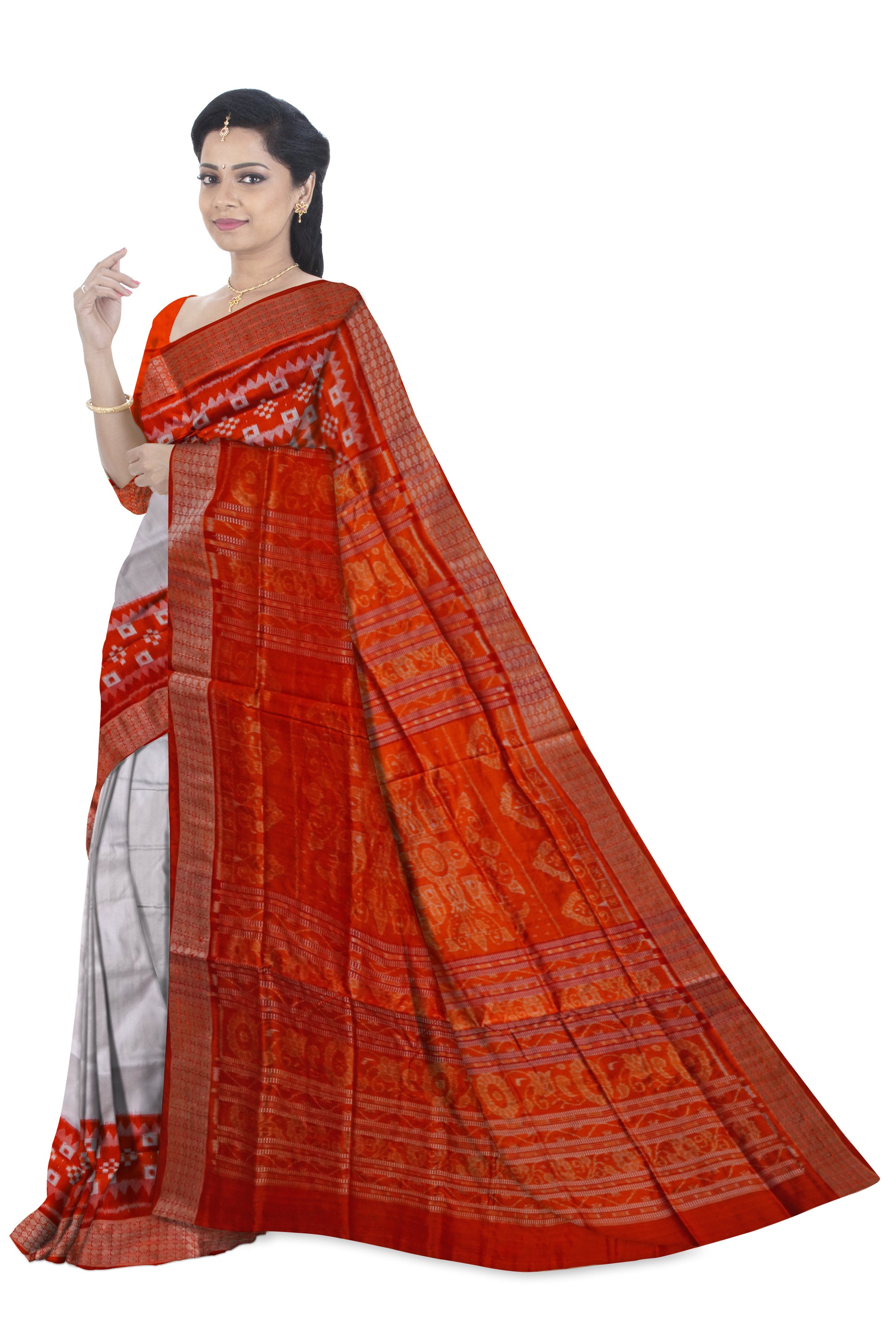 White and orange color pasapali border pure silk saree. - Koshali Arts & Crafts Enterprise