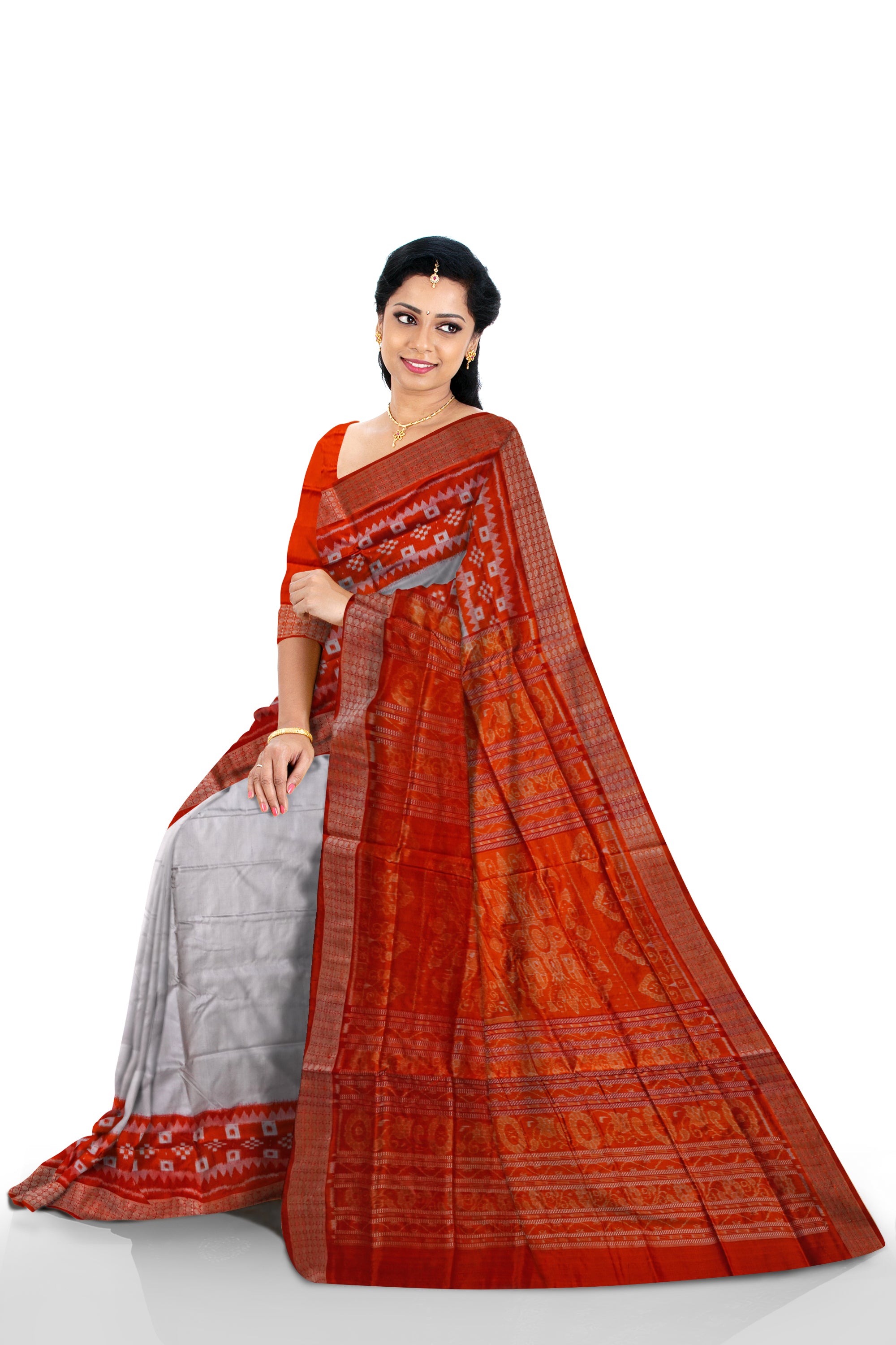 White and orange color pasapali border pure silk saree. - Koshali Arts & Crafts Enterprise