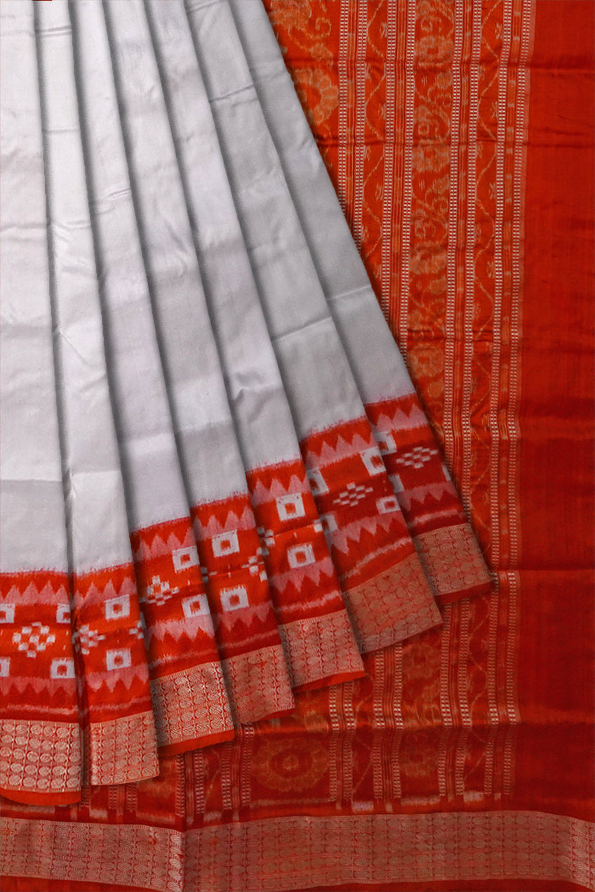 White and orange color pasapali border pure silk saree. - Koshali Arts & Crafts Enterprise