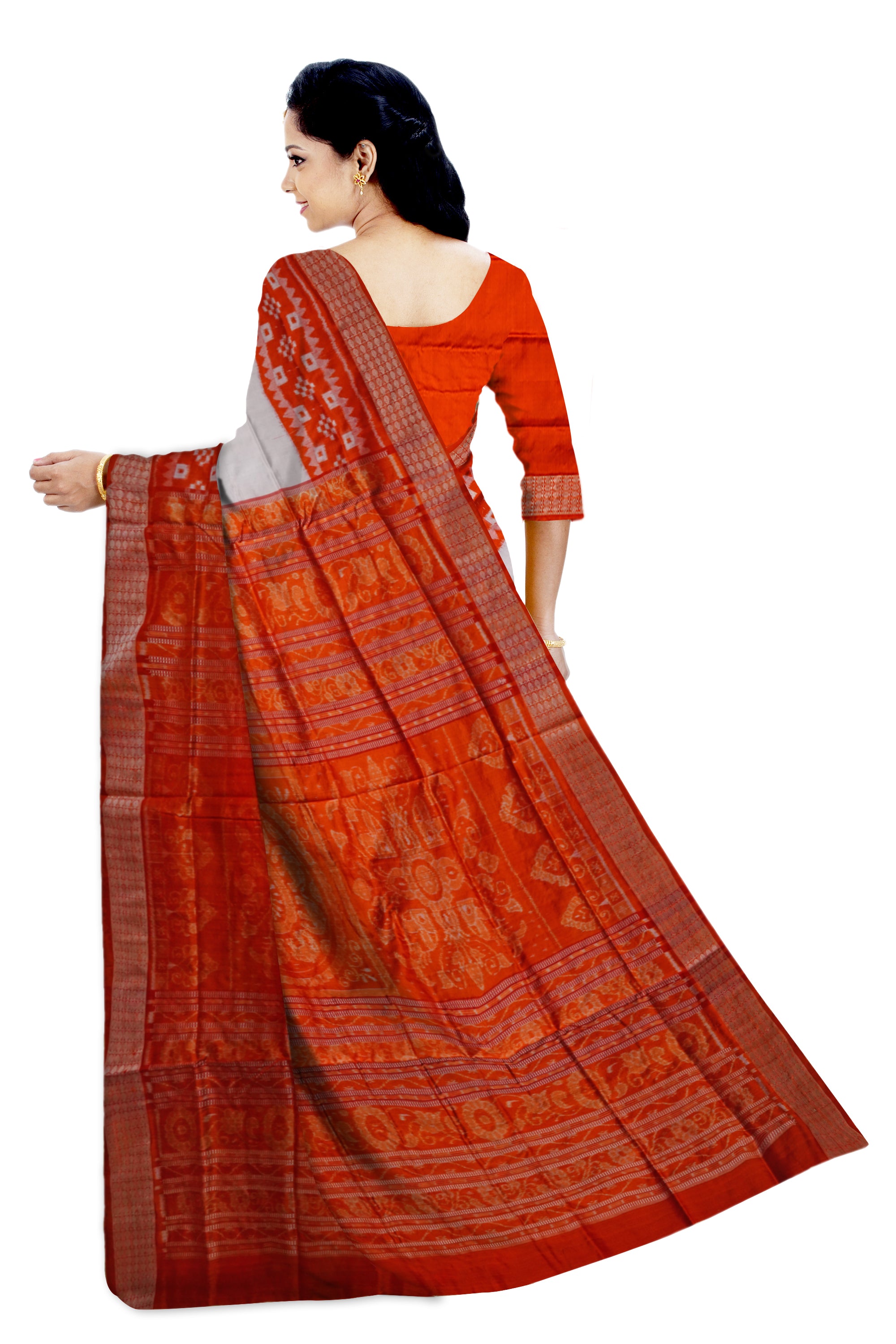 White and orange color pasapali border pure silk saree. - Koshali Arts & Crafts Enterprise