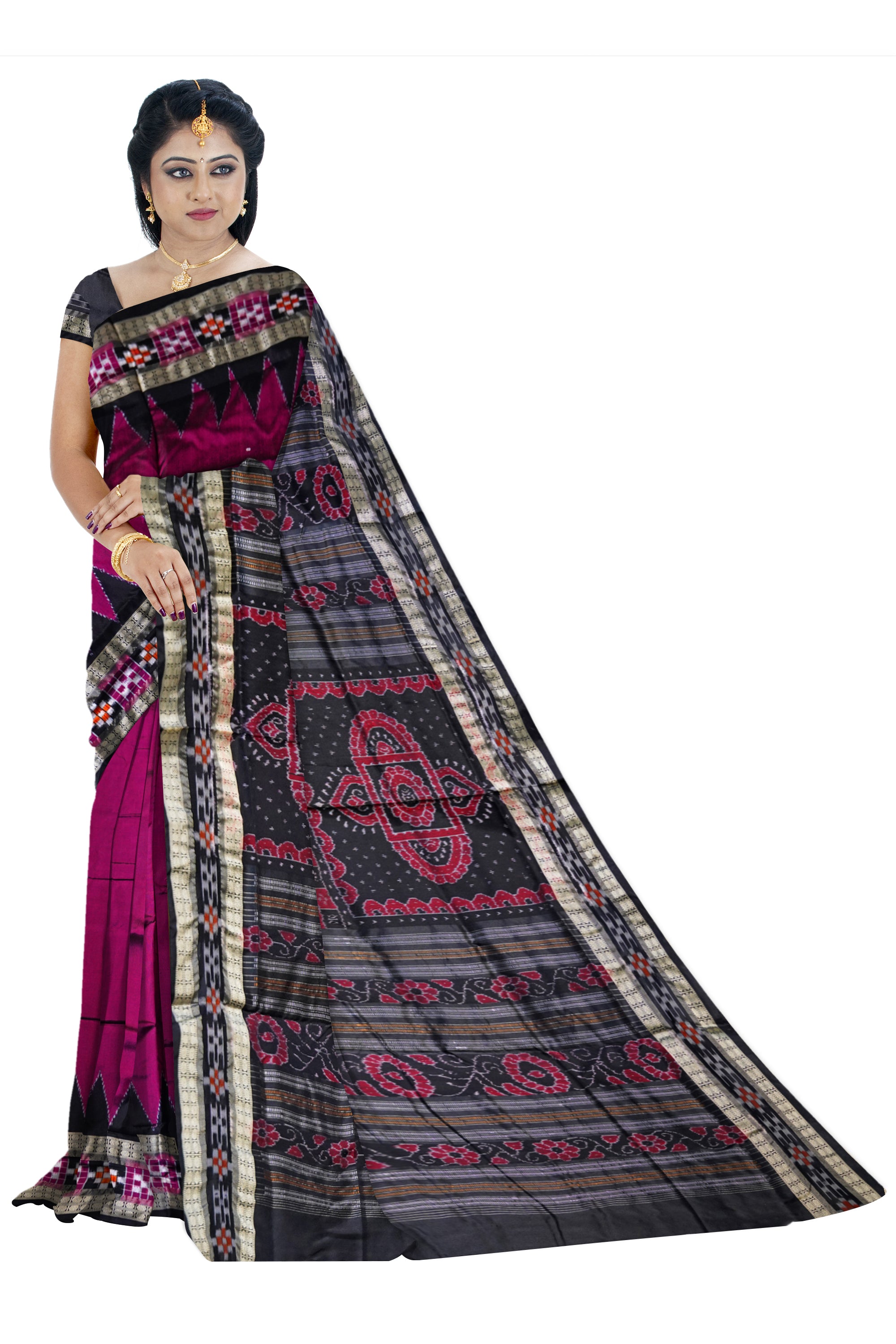 Pink with black pasapali border pata saree. - Koshali Arts & Crafts Enterprise