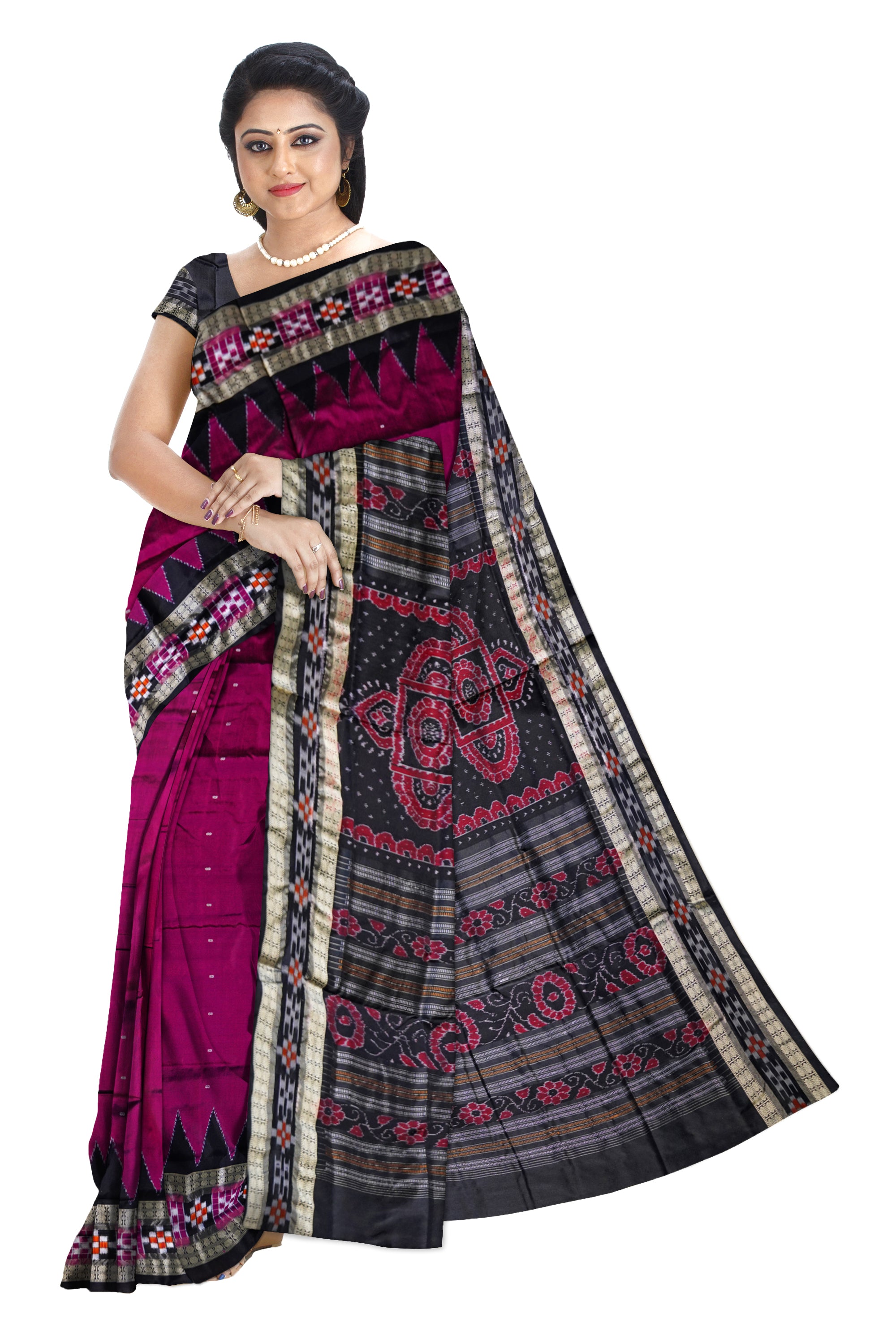 Pink with black pasapali border pata saree. - Koshali Arts & Crafts Enterprise