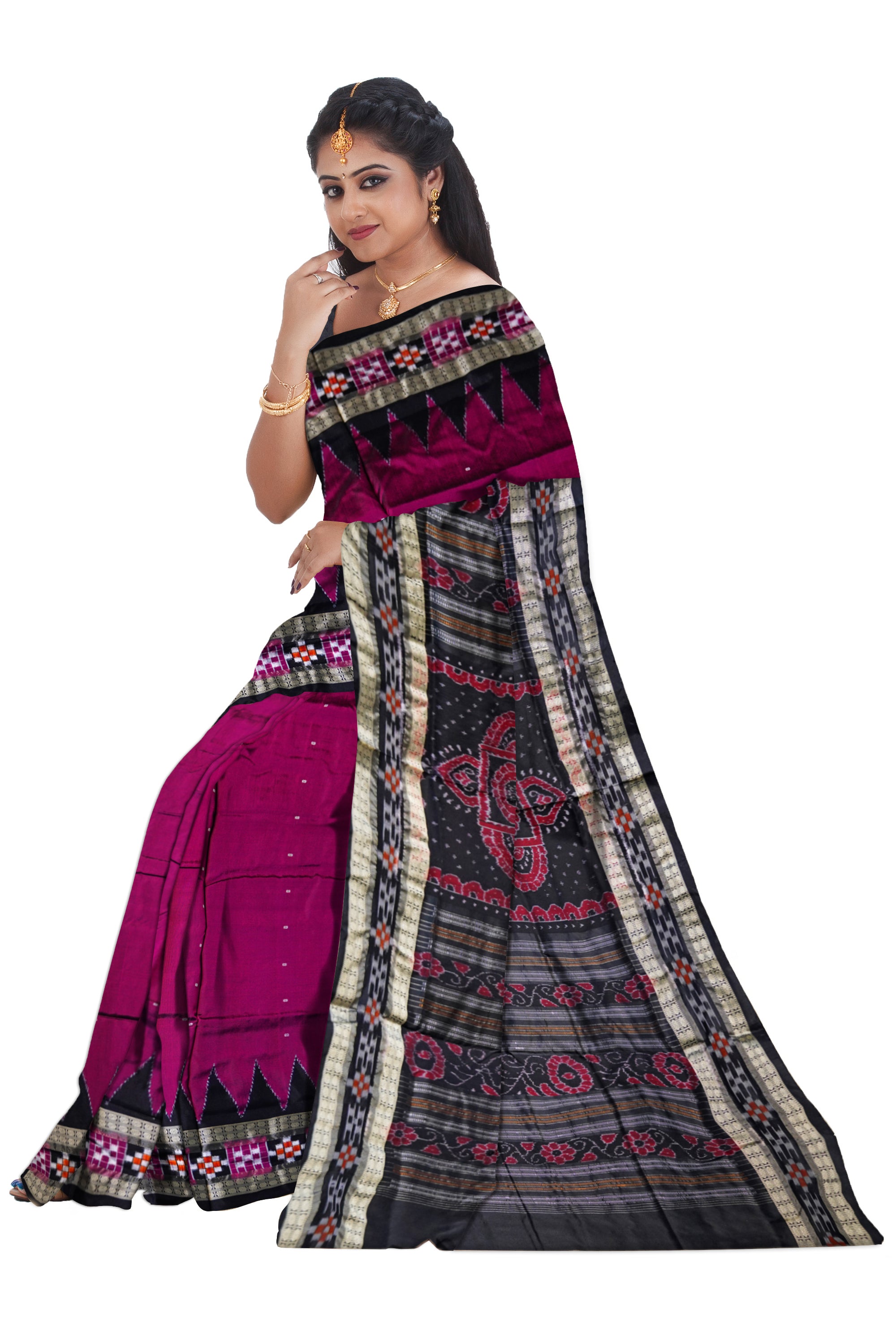 Pink with black pasapali border pata saree. - Koshali Arts & Crafts Enterprise