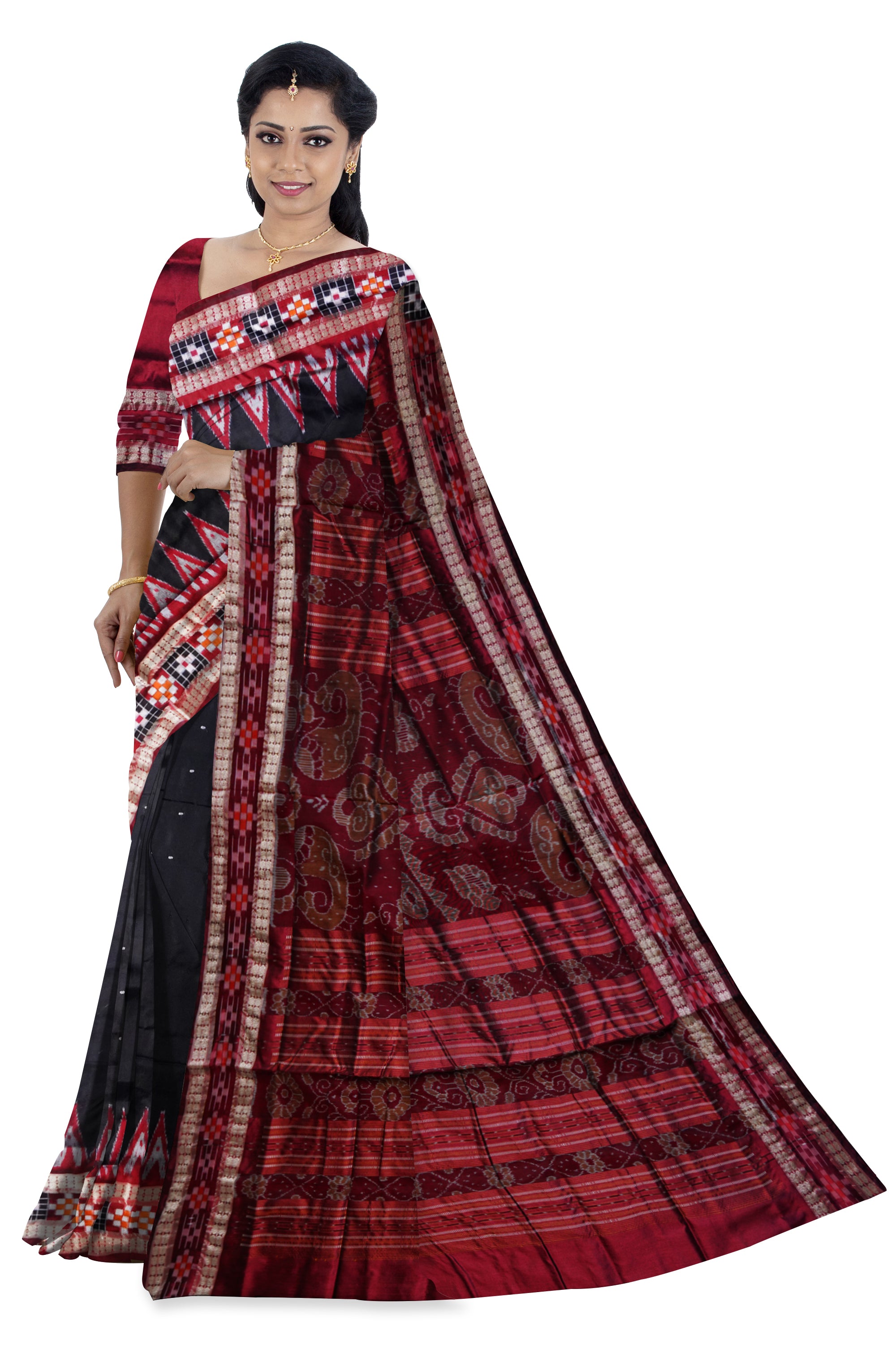 Black color small booty pattern with border maroon pasapali pattern pata saree. - Koshali Arts & Crafts Enterprise