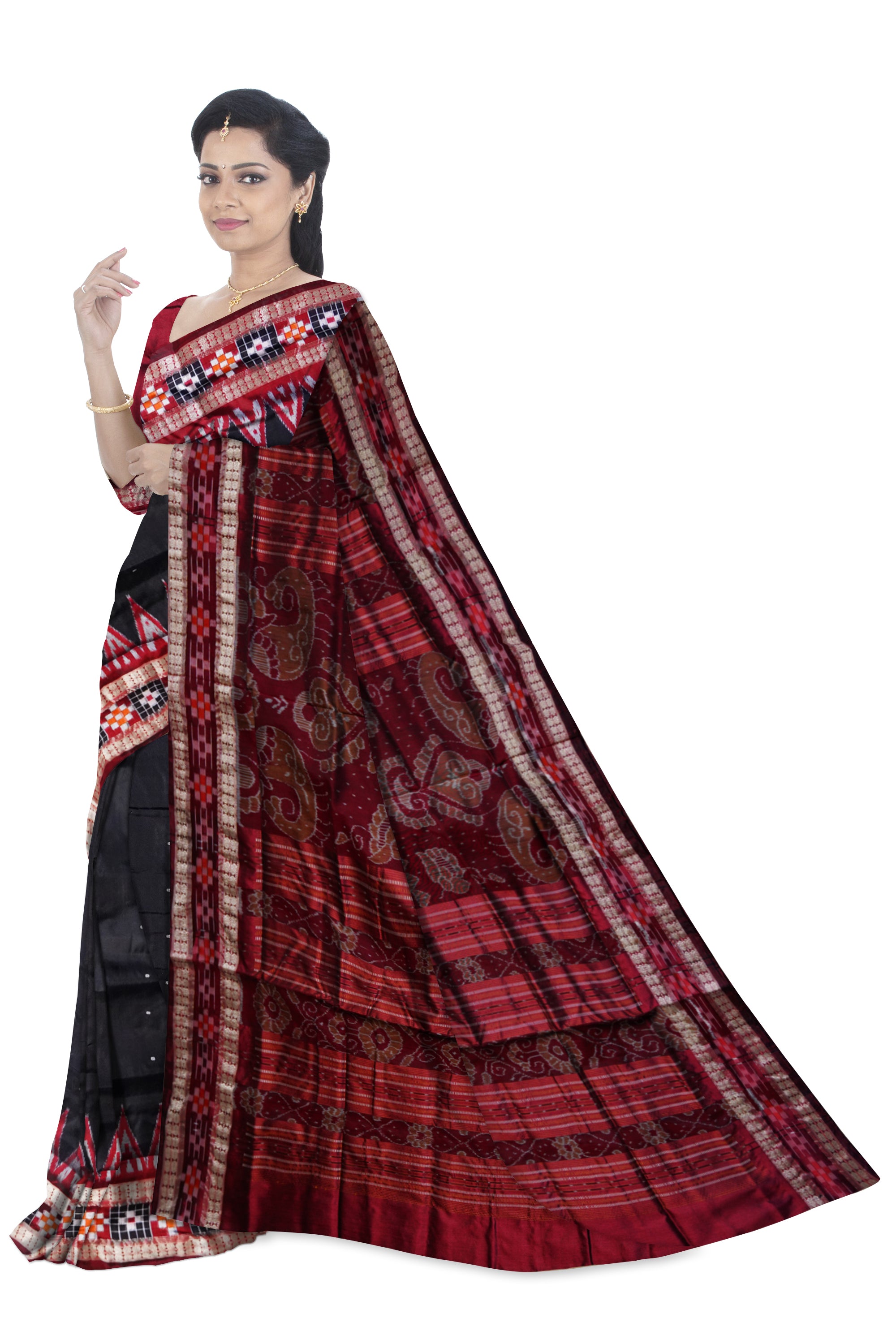 Black color small booty pattern with border maroon pasapali pattern pata saree. - Koshali Arts & Crafts Enterprise