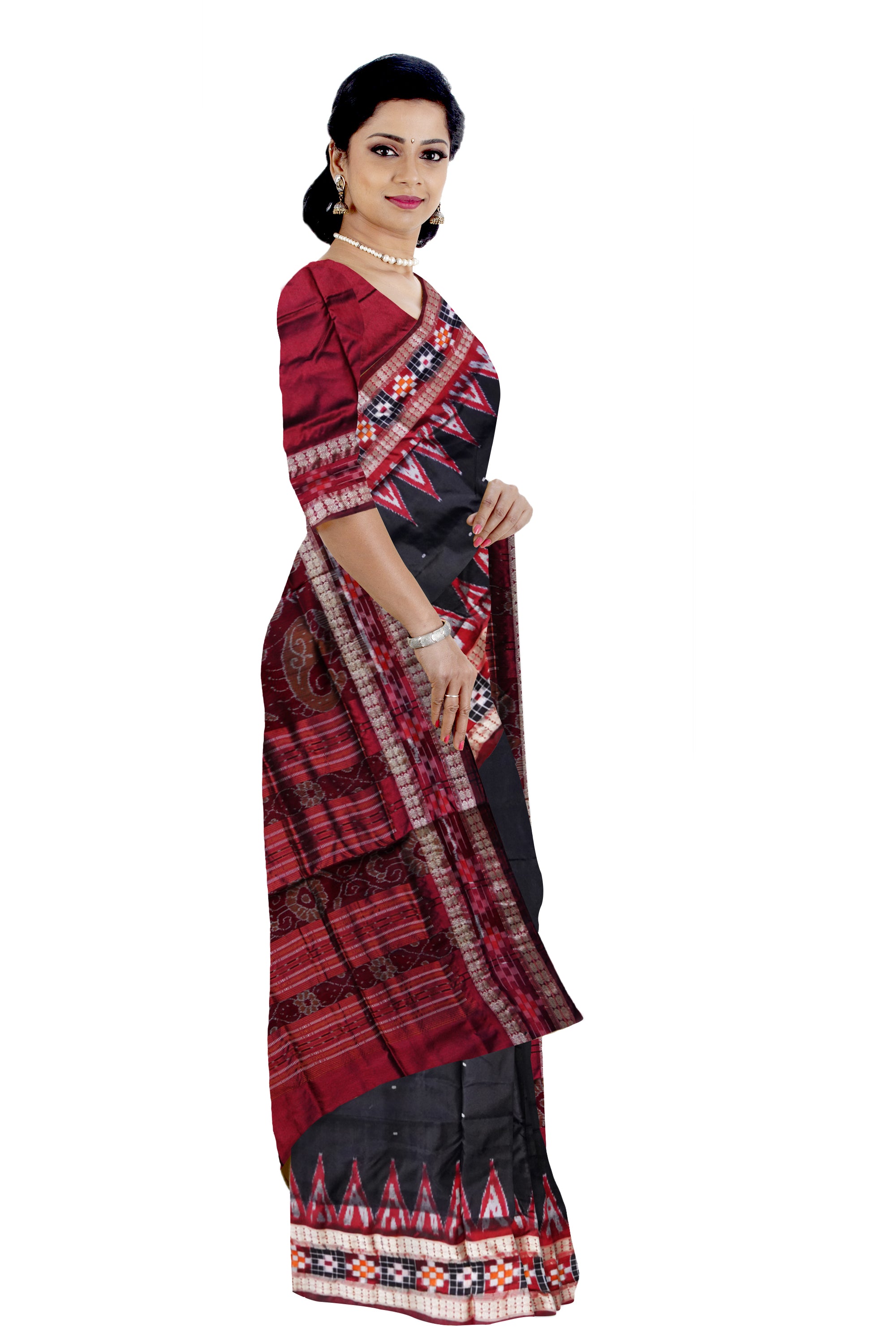 Black color small booty pattern with border maroon pasapali pattern pata saree. - Koshali Arts & Crafts Enterprise