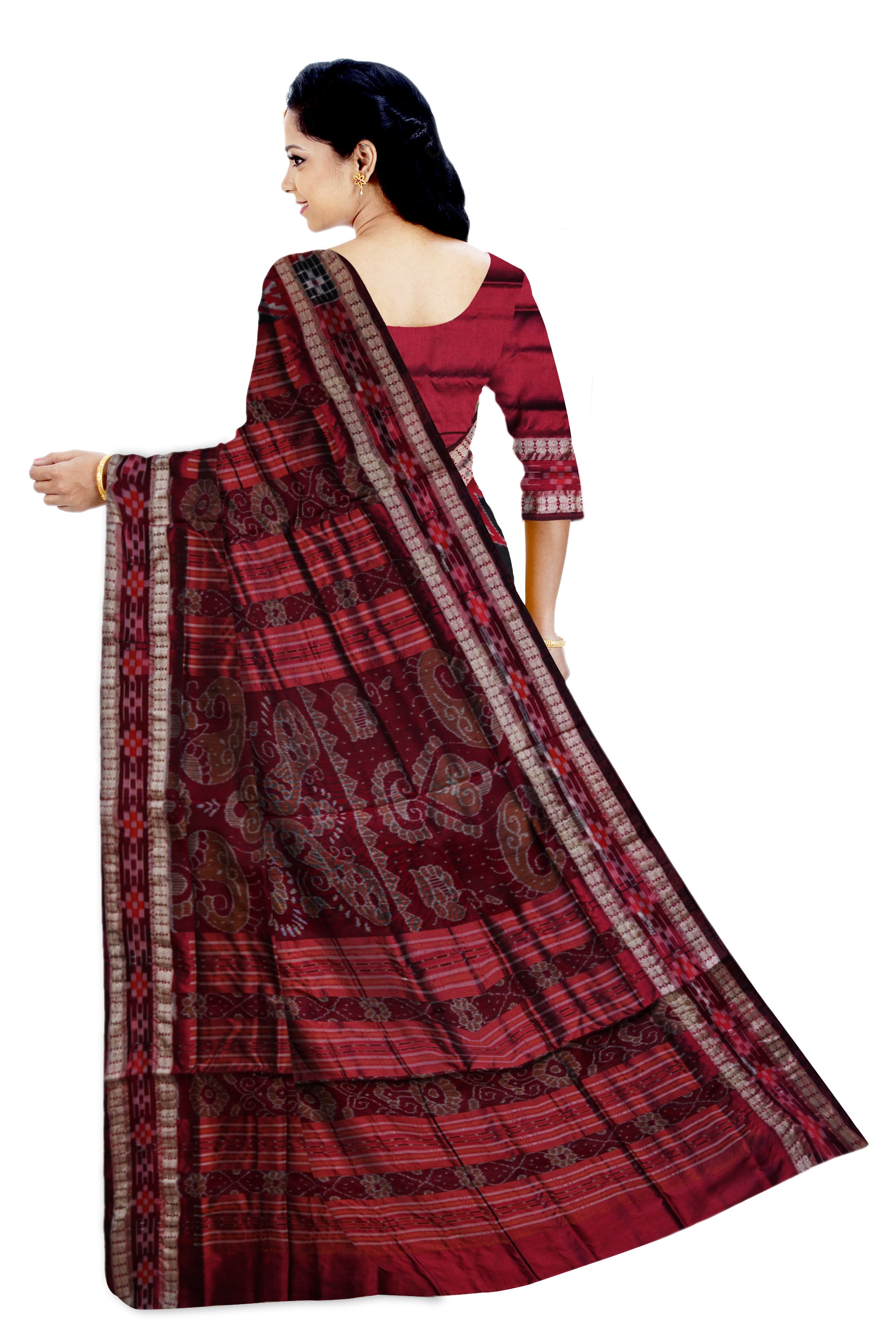 Black color small booty pattern with border maroon pasapali pattern pata saree. - Koshali Arts & Crafts Enterprise