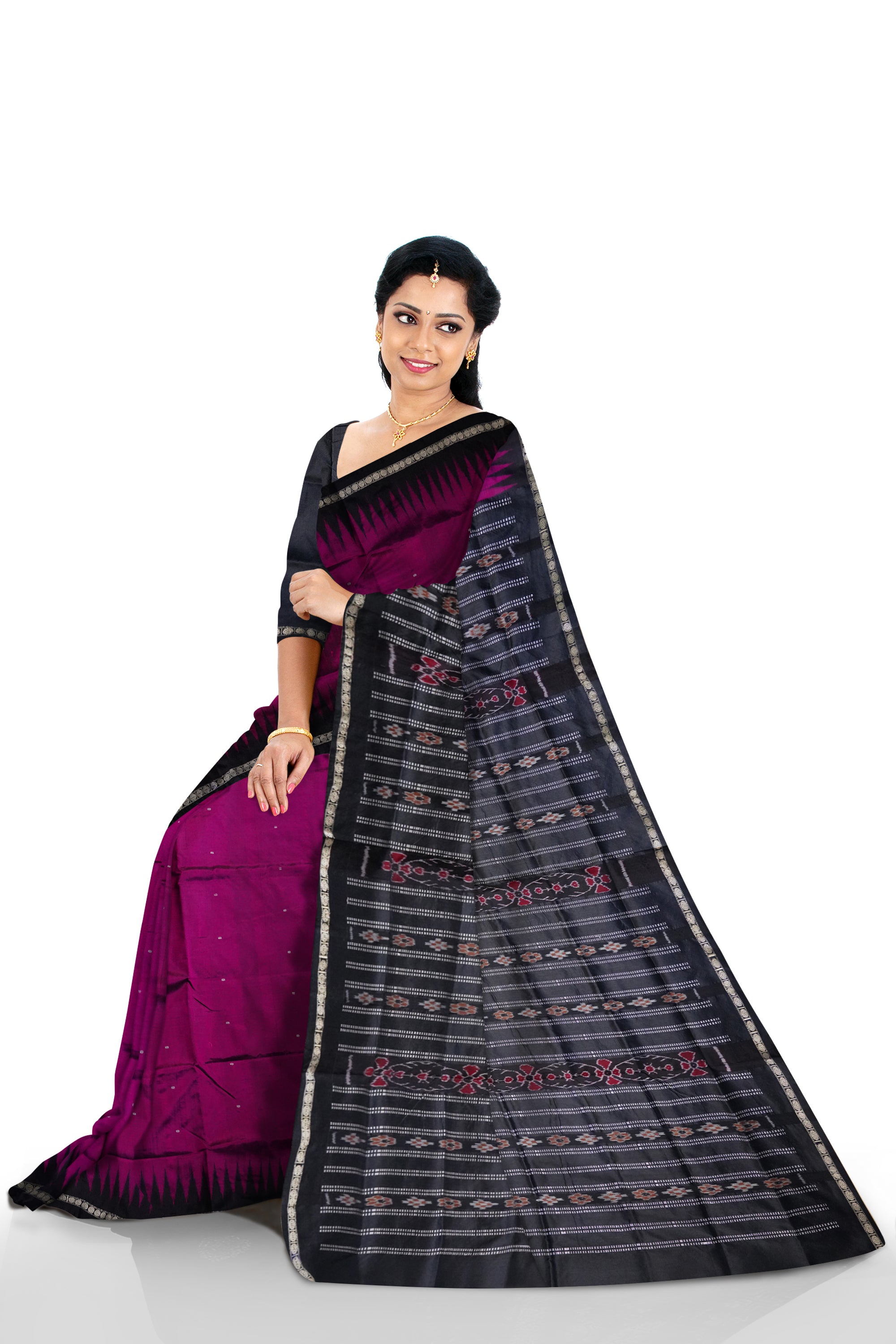 Deep pink and black color single border plain pata saree. - Koshali Arts & Crafts Enterprise