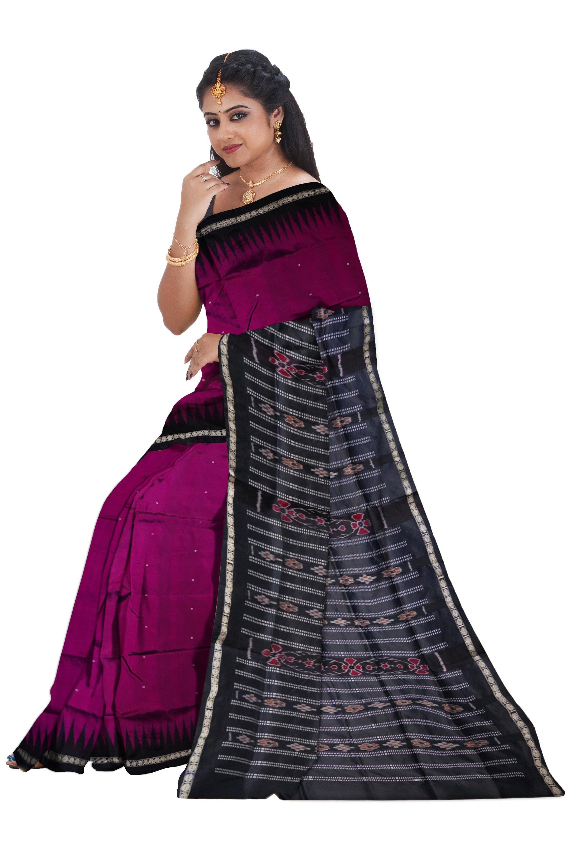 Deep pink and black color single border plain pata saree. - Koshali Arts & Crafts Enterprise
