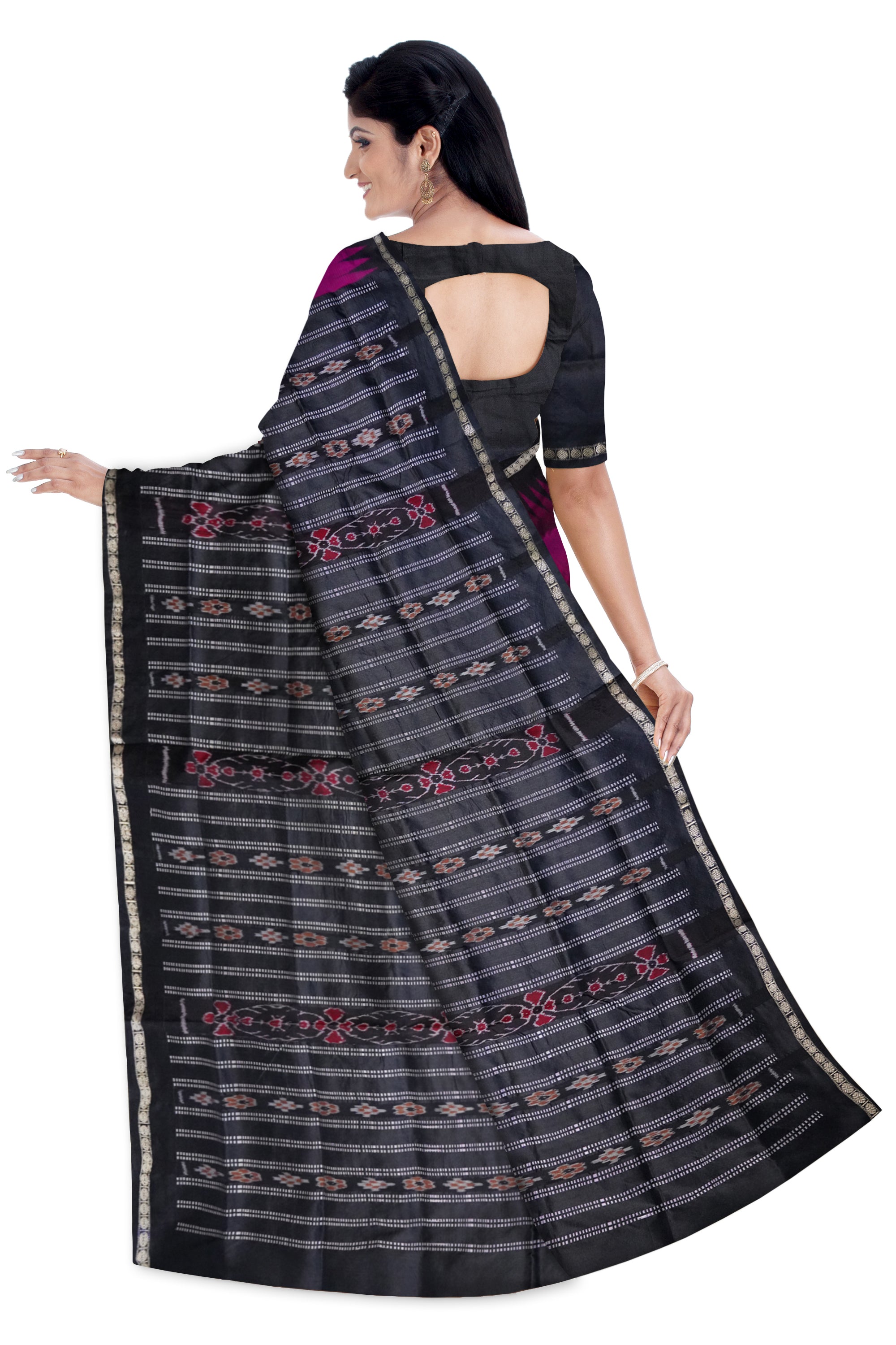 Deep pink and black color single border plain pata saree. - Koshali Arts & Crafts Enterprise