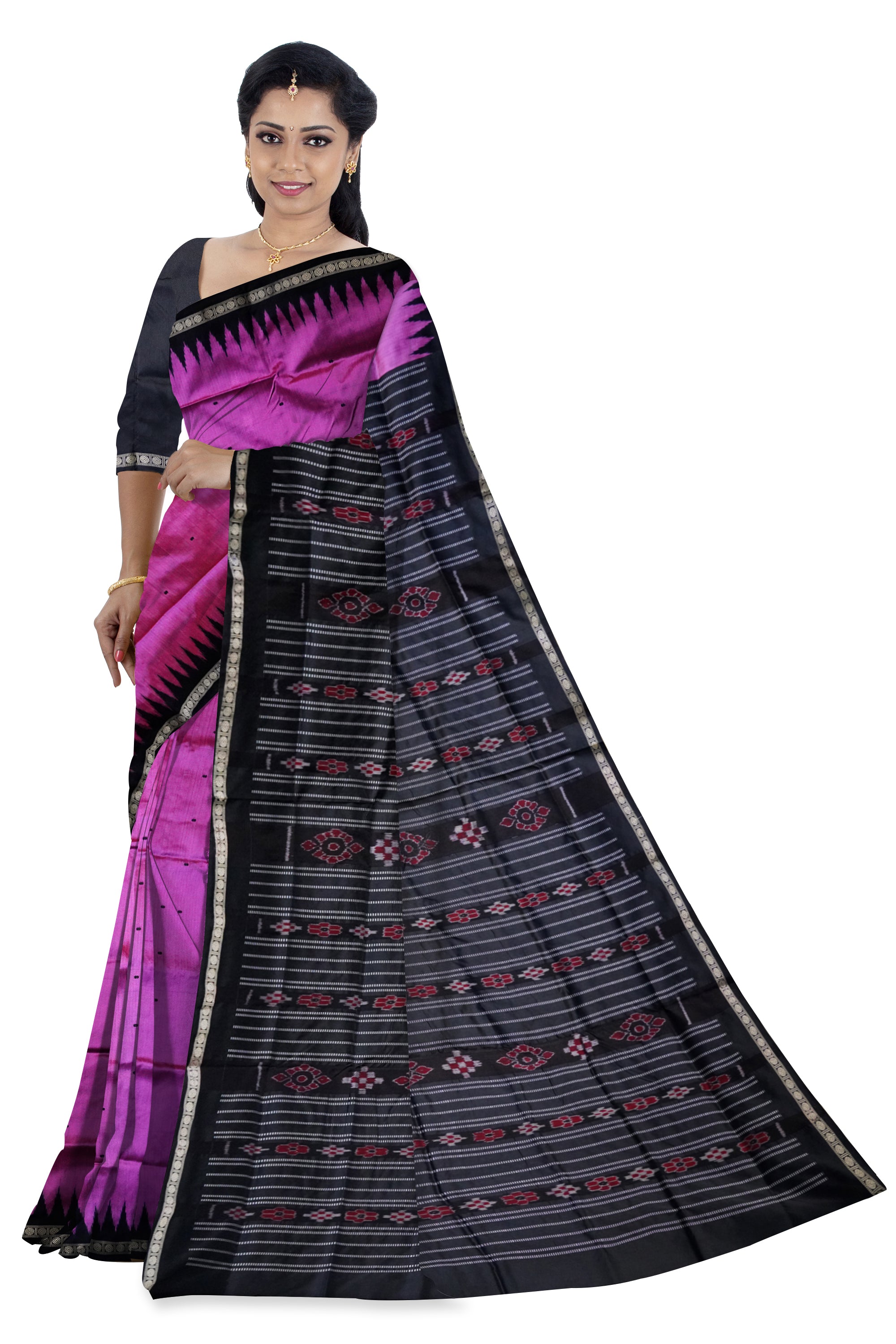 Light pink and black color small border pattern plain pata saree. - Koshali Arts & Crafts Enterprise