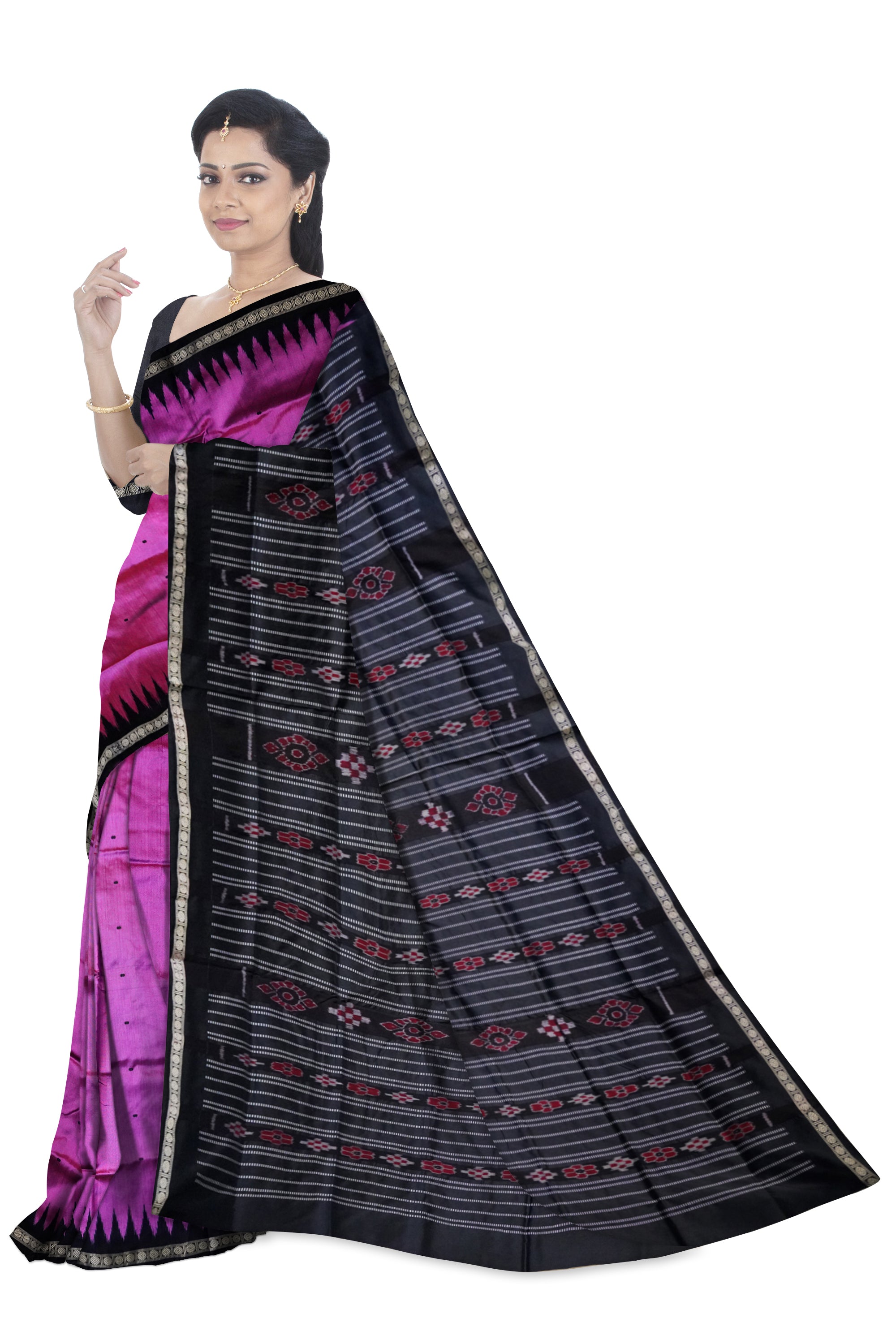 Light pink and black color small border pattern plain pata saree. - Koshali Arts & Crafts Enterprise