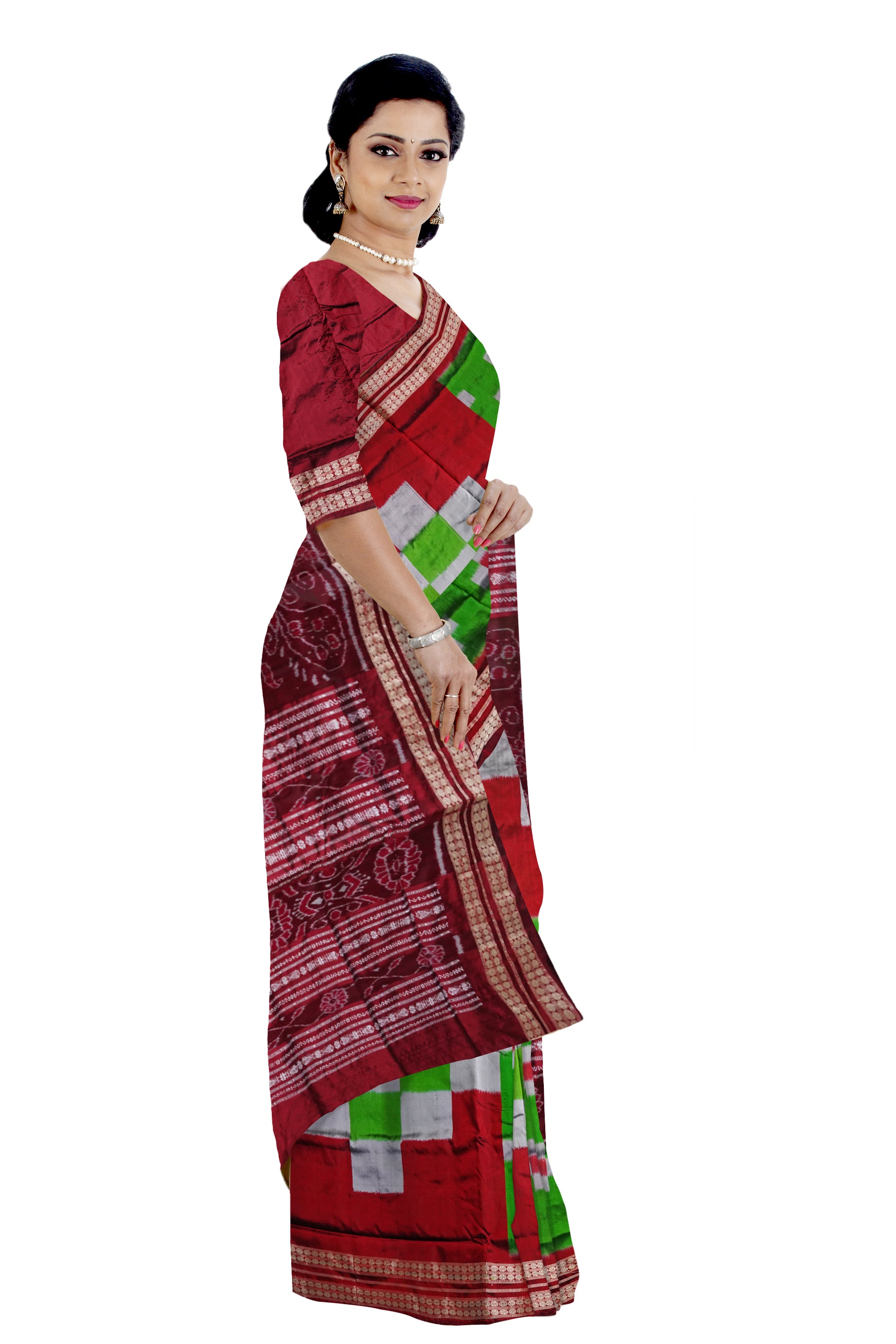 Green and maroon color big pasapali with small pasapali pattern pata saree. - Koshali Arts & Crafts Enterprise